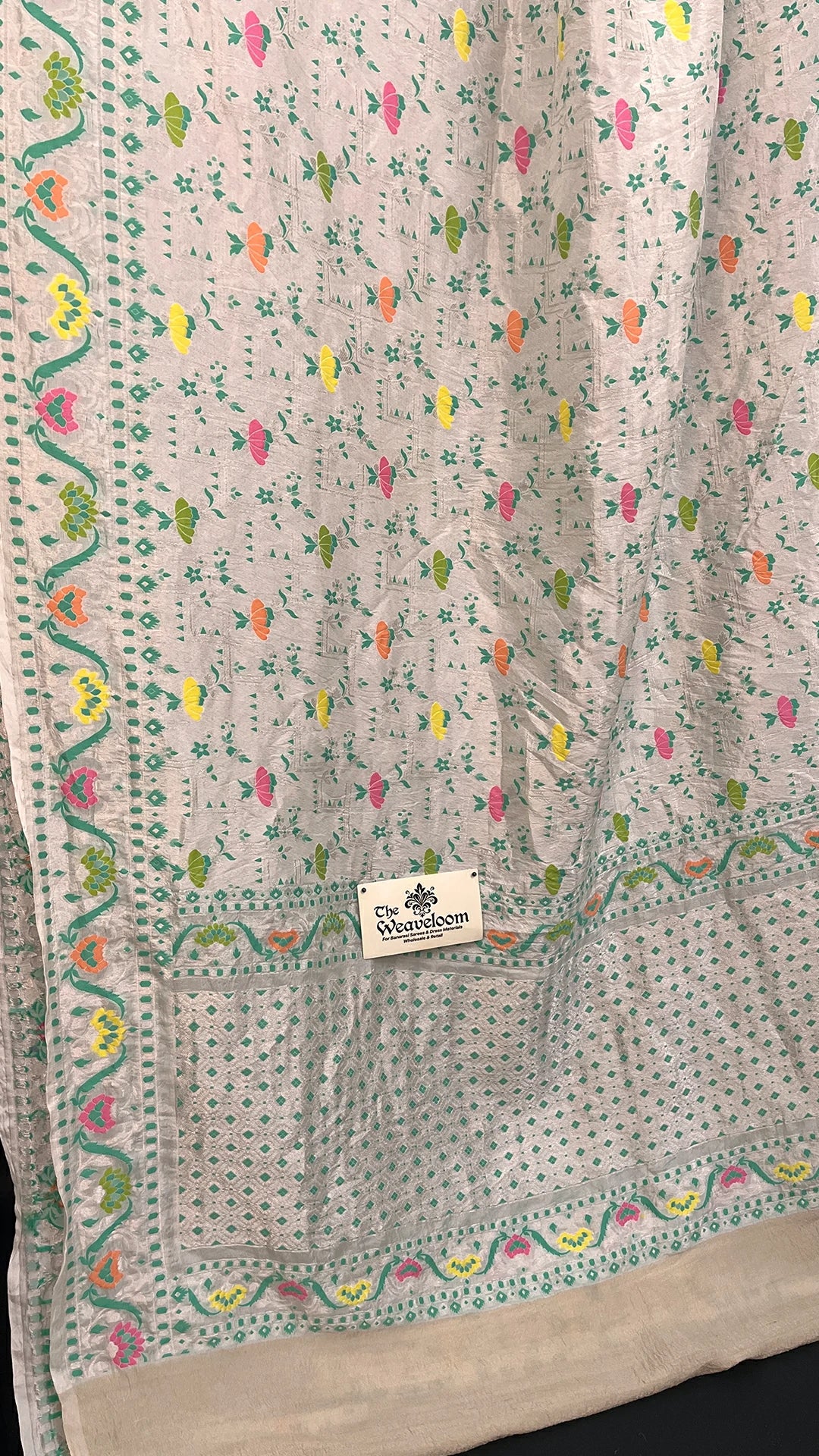 Ivory Pure Tussar Georgette Meenakari Banarasi Saree with Floral Motifs by The Weaveloom