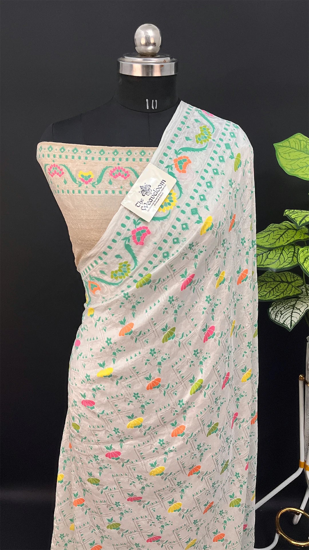 Ivory Pure Tussar Georgette Meenakari Banarasi Saree with Floral Motifs by The Weaveloom