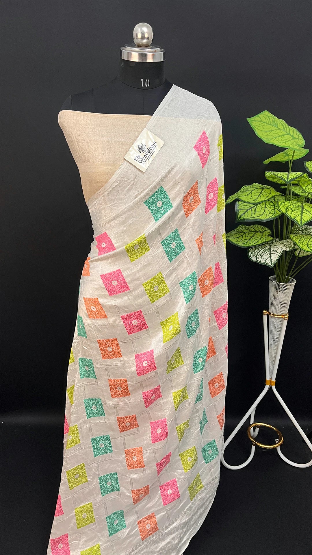 Ivory Pure Tussar Georgette Meenakari Banarasi Saree with Multicolor Square Motifs by The Weaveloom