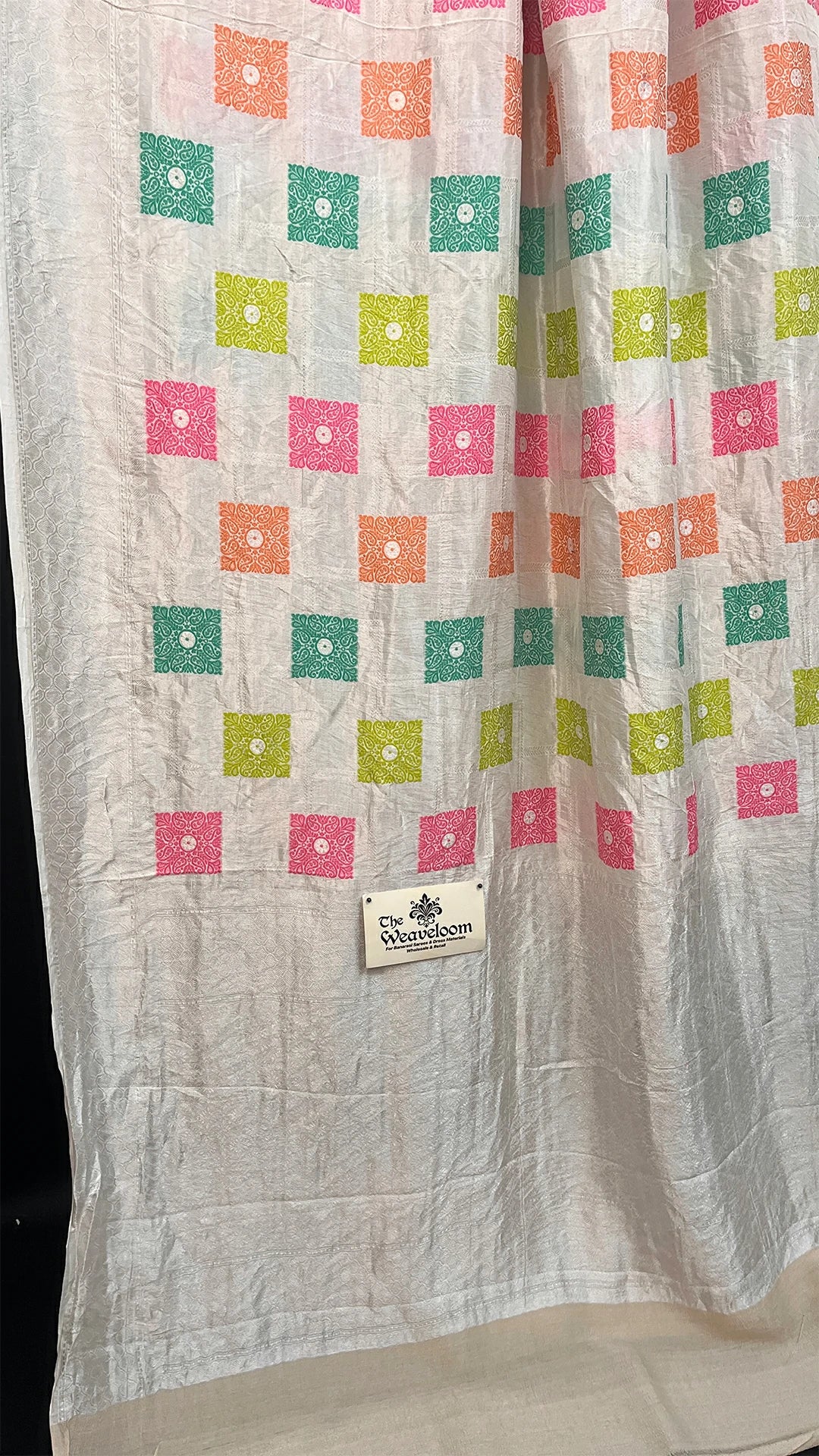 Ivory Pure Tussar Georgette Meenakari Banarasi Saree with Multicolor Square Motifs by The Weaveloom