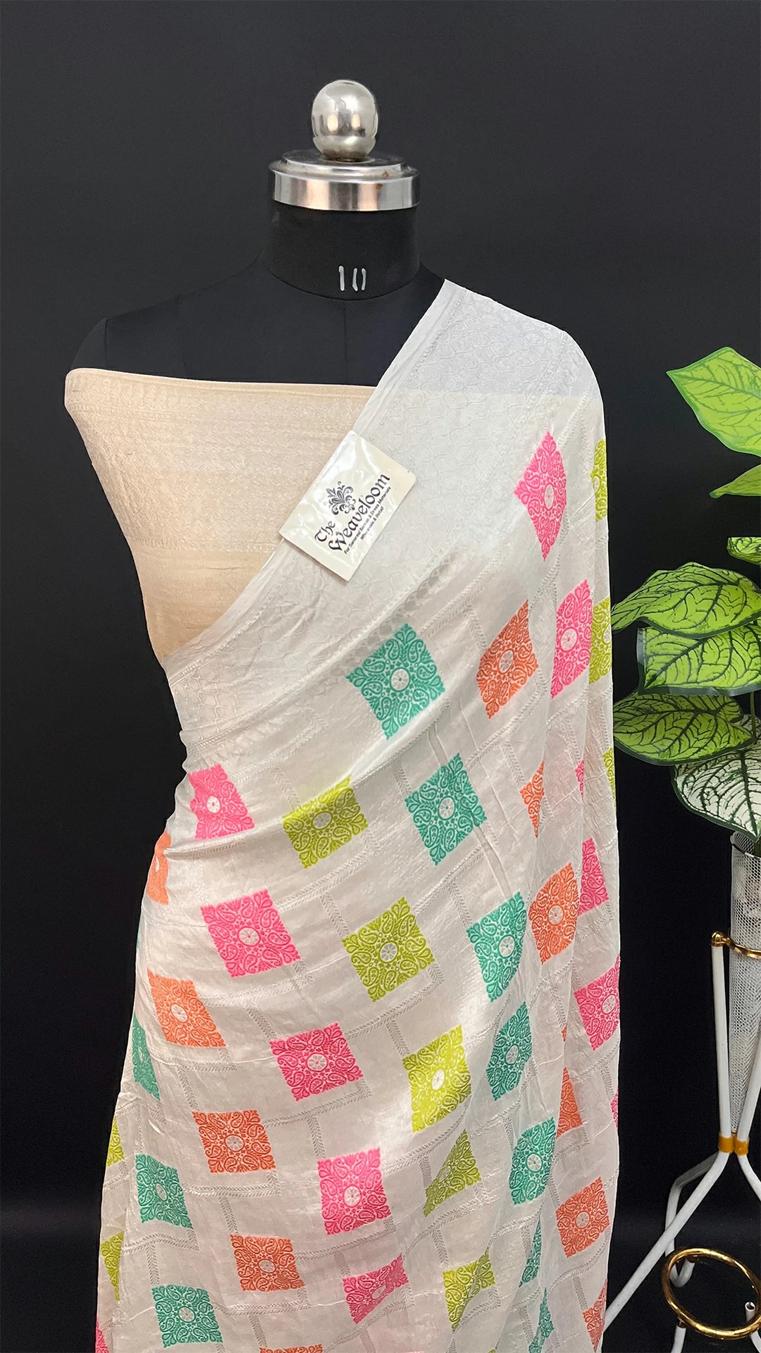 Ivory Pure Tussar Georgette Meenakari Banarasi Saree with Multicolor Square Motifs by The Weaveloom