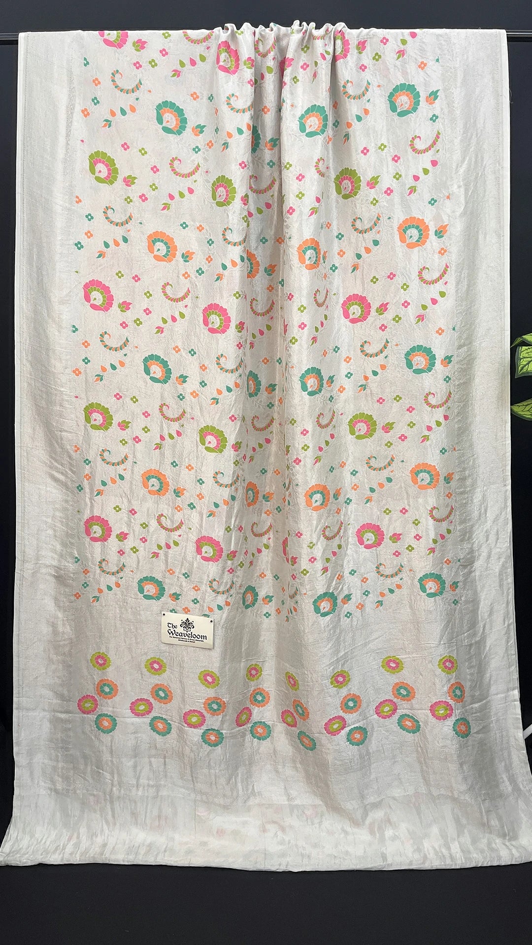 Ivory Pure Tussar Georgette Meenakari Banarasi Saree with Pastel Floral Motifs by The Weaveloom