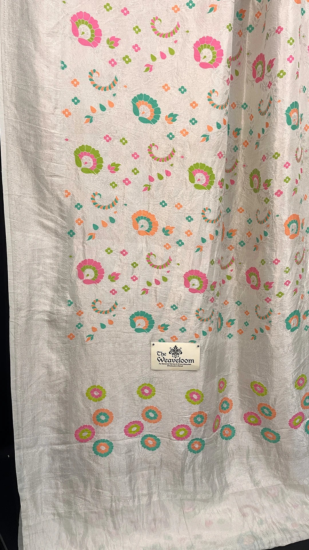 Ivory Pure Tussar Georgette Meenakari Banarasi Saree with Pastel Floral Motifs by The Weaveloom