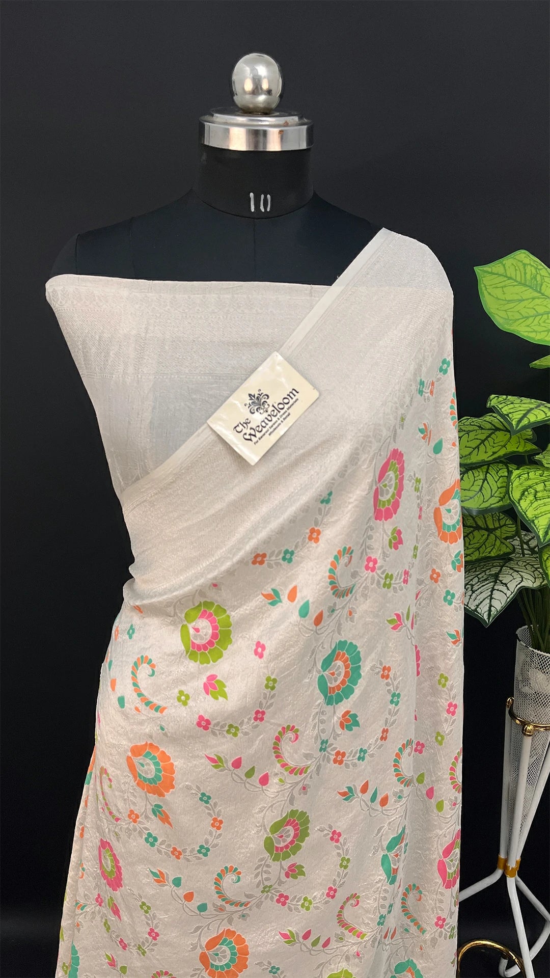 Ivory Pure Tussar Georgette Meenakari Banarasi Saree with Pastel Floral Motifs by The Weaveloom