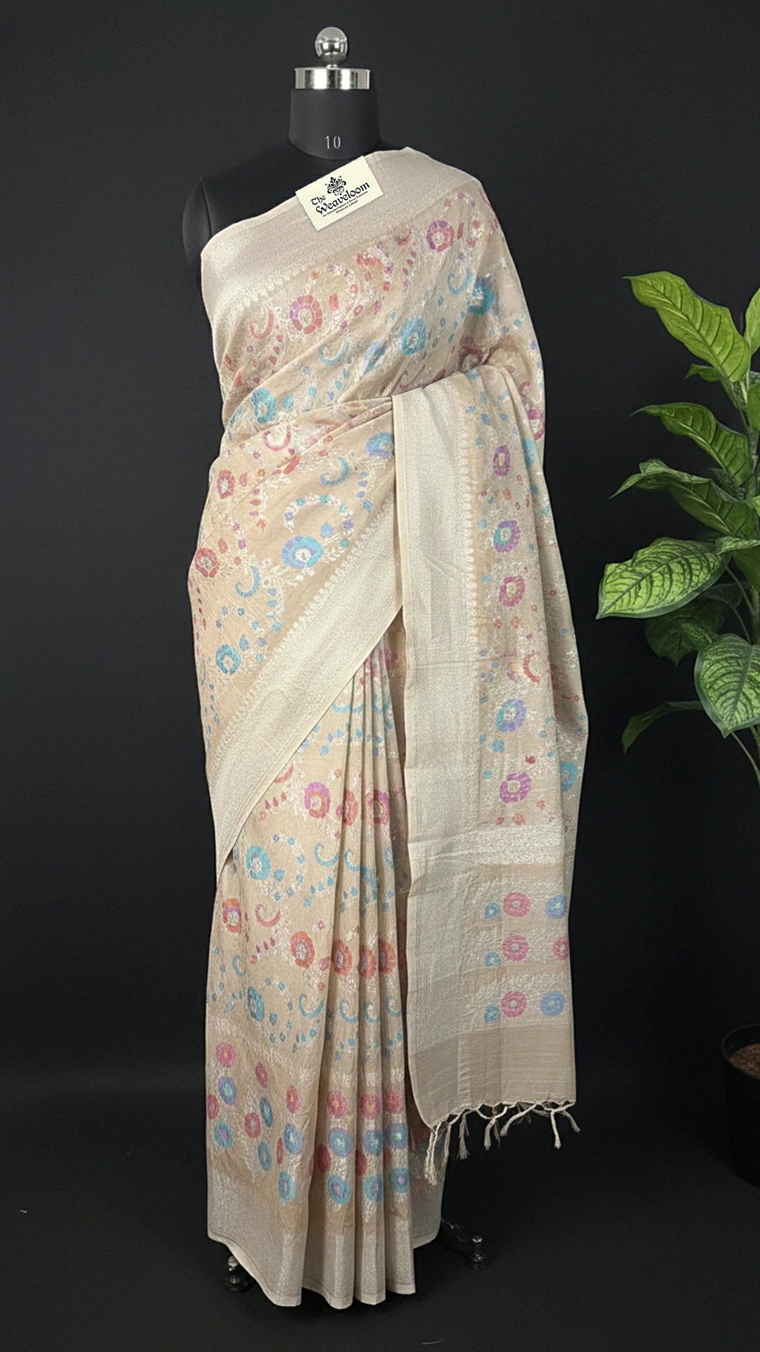 Ivory Tussar Georgette Meenakari Pure Banarasi Saree with Pastel Floral Motifs by The Weaveloom