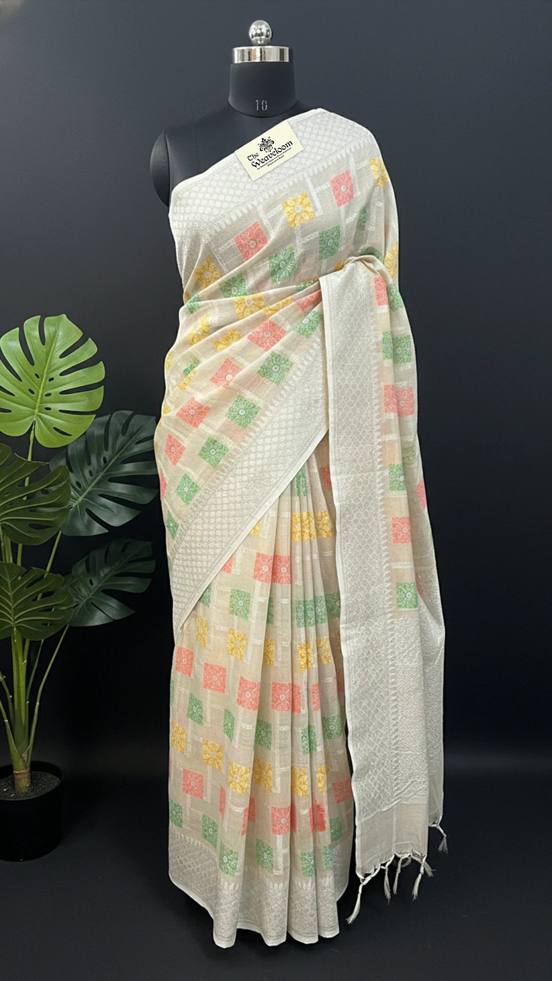 Ivory Tussar Georgette Meenakari Pure Banarasi Saree with Pastel Square Motifs by The Weaveloom
