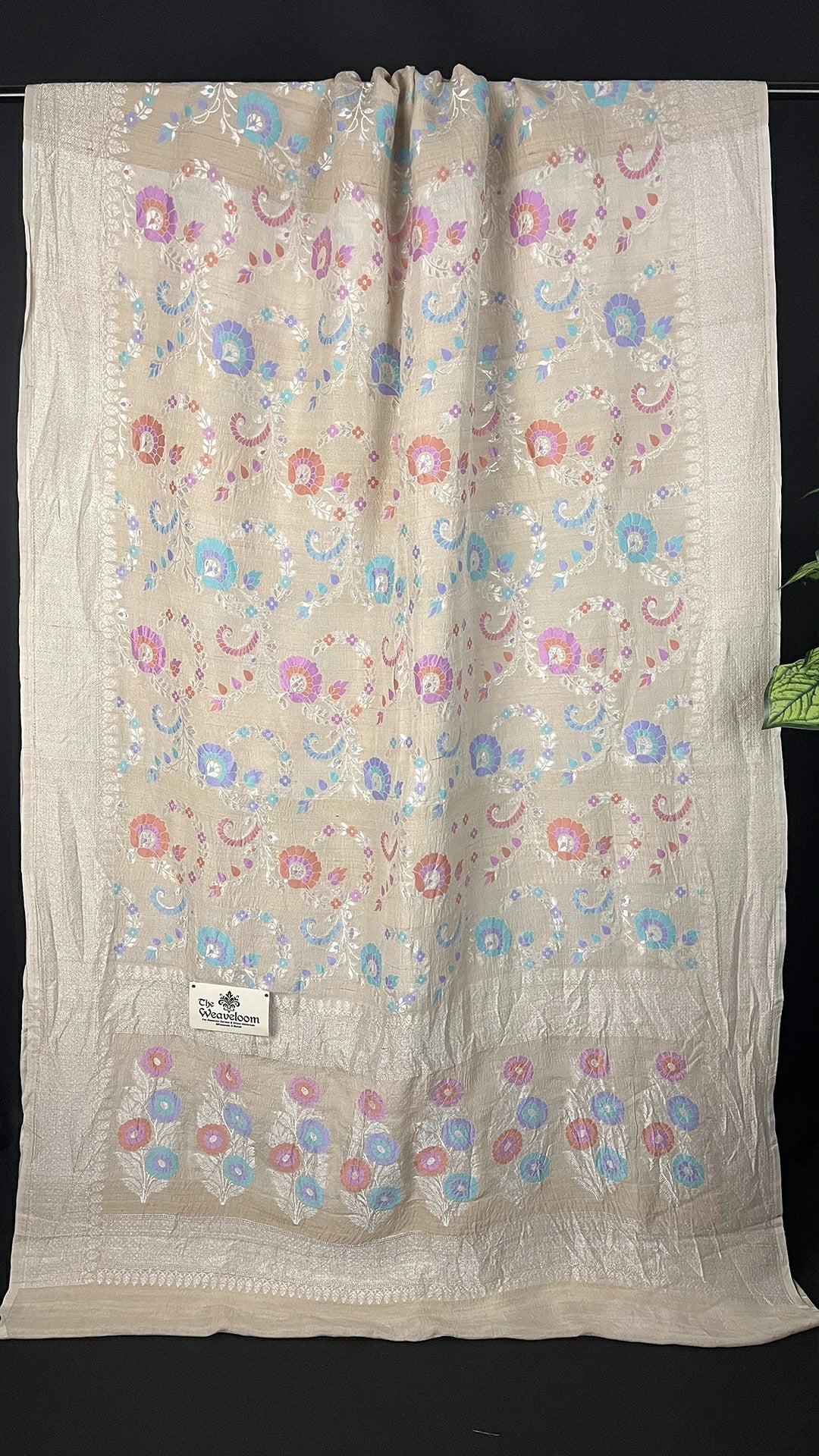 Ivory Tussar Georgette Meenakari Pure Banarasi Saree with Pastel Floral Motifs by The Weaveloom