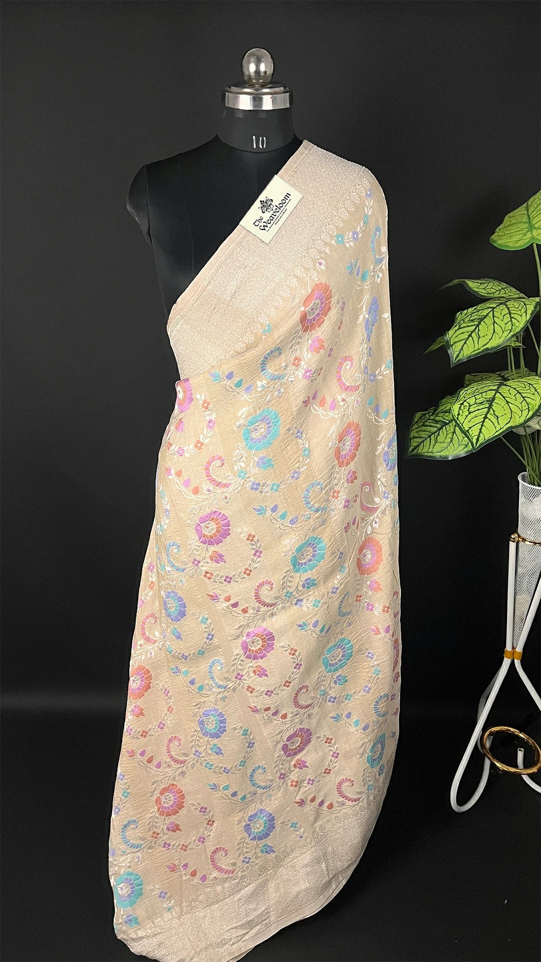 Ivory Tussar Georgette Meenakari Pure Banarasi Saree with Pastel Floral Motifs by The Weaveloom