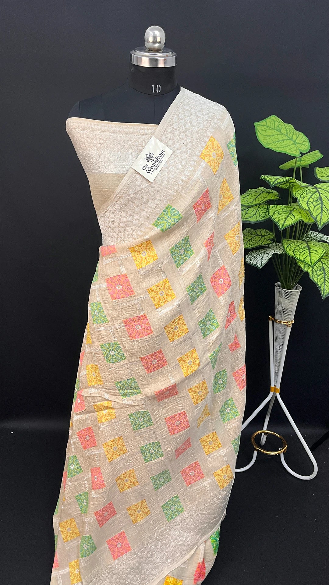 Ivory Tussar Georgette Meenakari Pure Banarasi Saree with Pastel Square Motifs by The Weaveloom