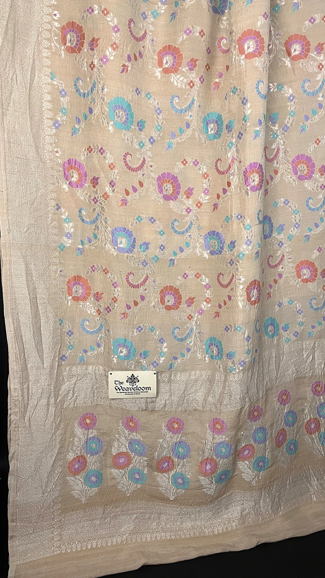 Ivory Tussar Georgette Meenakari Pure Banarasi Saree with Pastel Floral Motifs by The Weaveloom
