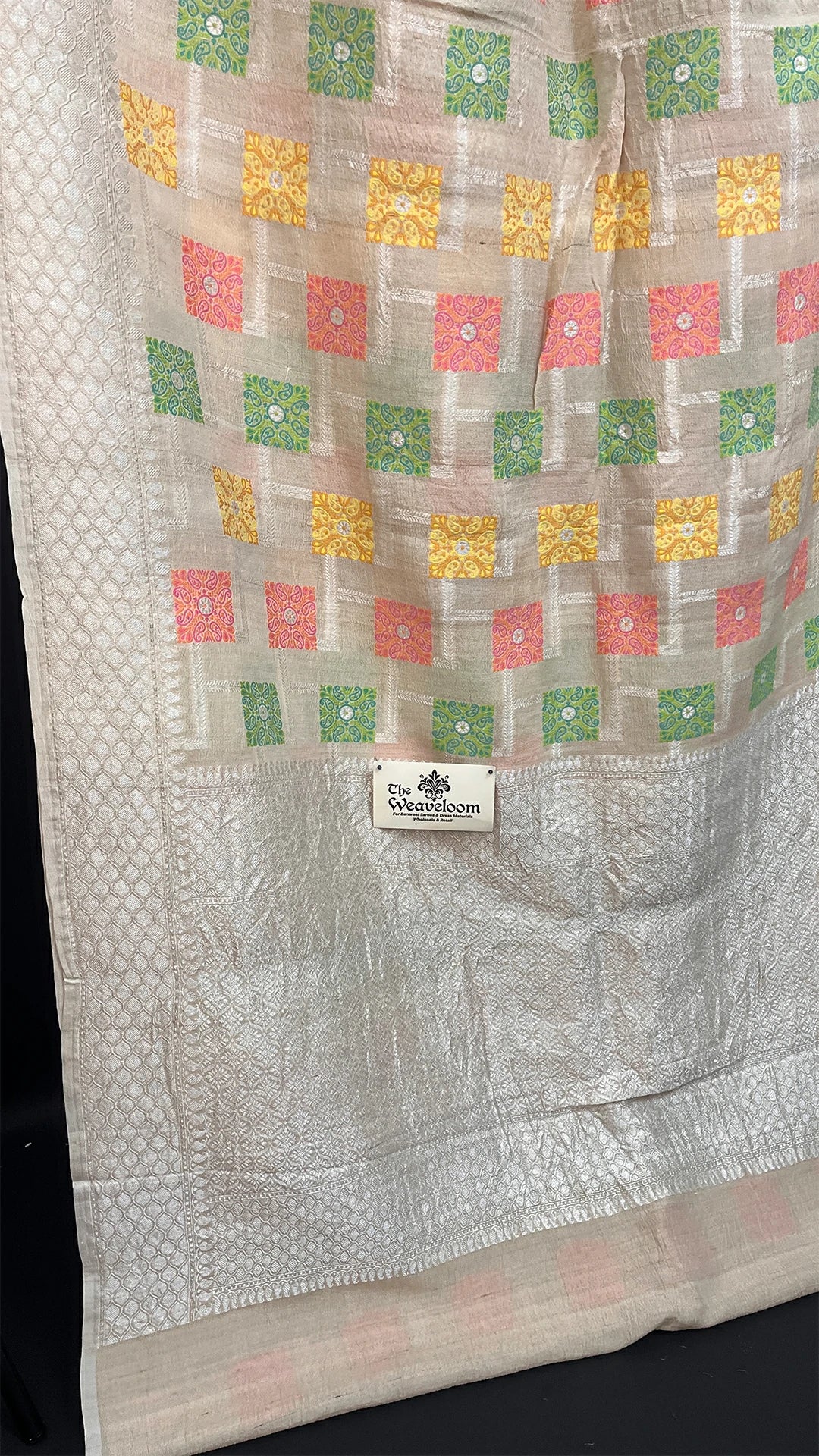 Ivory Tussar Georgette Meenakari Pure Banarasi Saree with Pastel Square Motifs by The Weaveloom
