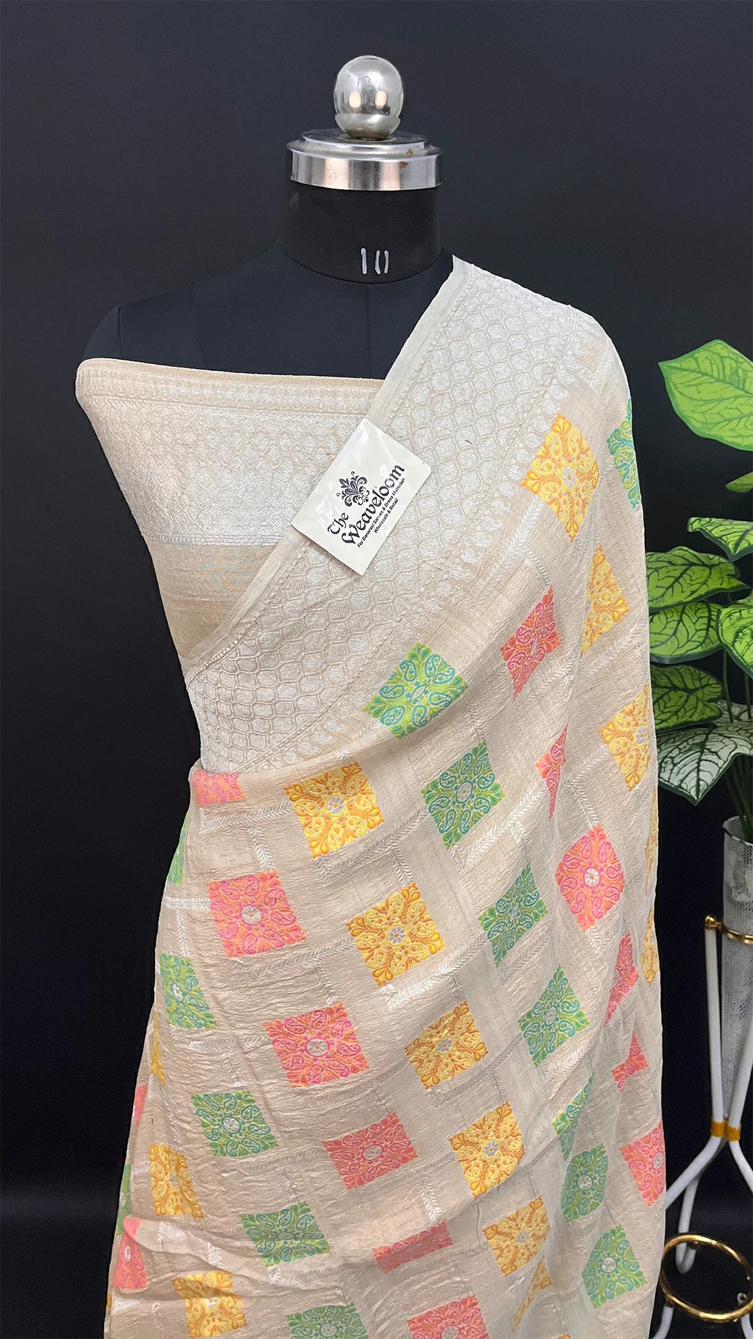 Ivory Tussar Georgette Meenakari Pure Banarasi Saree with Pastel Square Motifs by The Weaveloom