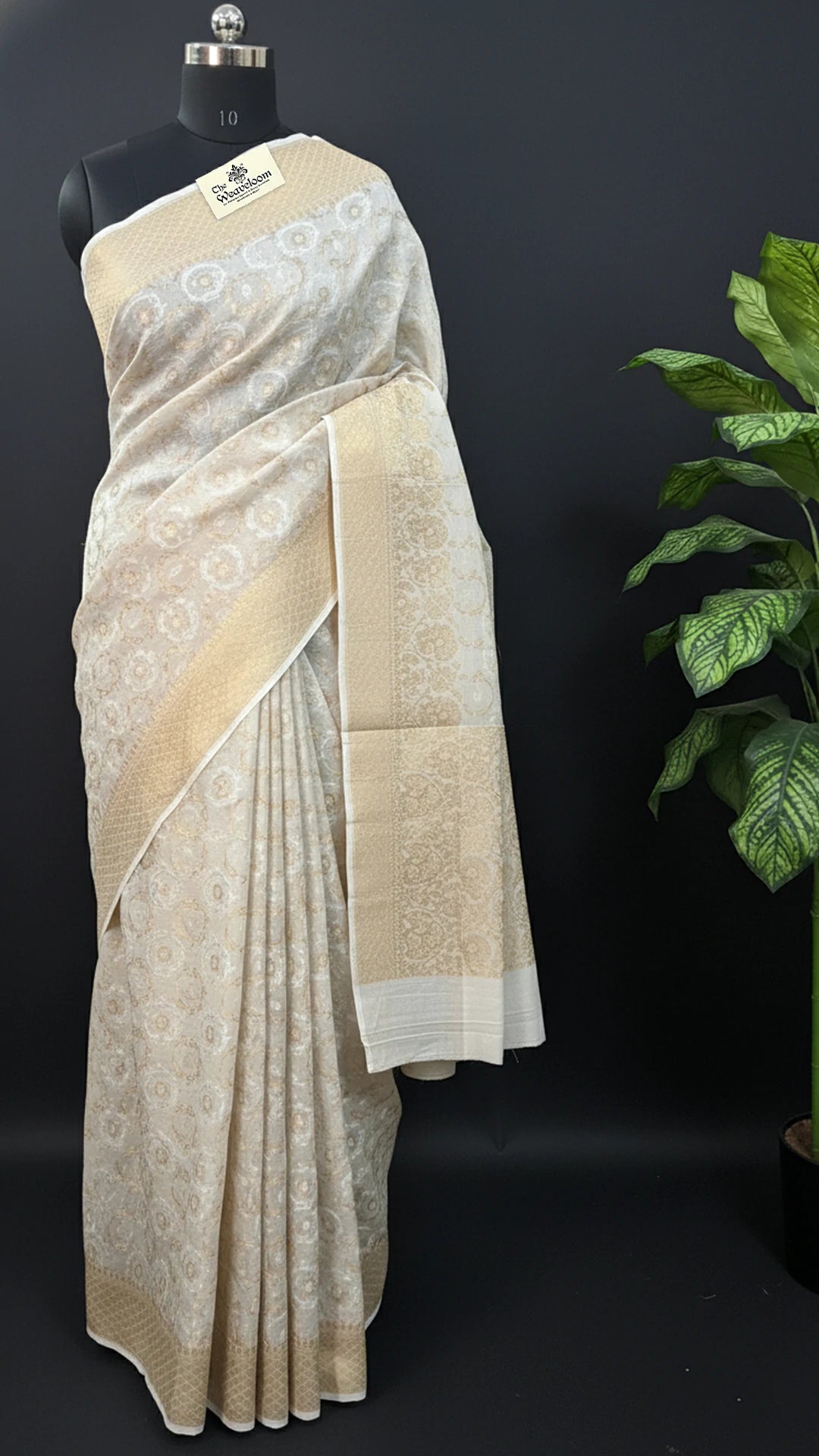 Ivory Tussar Georgette Pure Banarasi Saree with Gold Zari Floral Meenakari by The Weaveloom