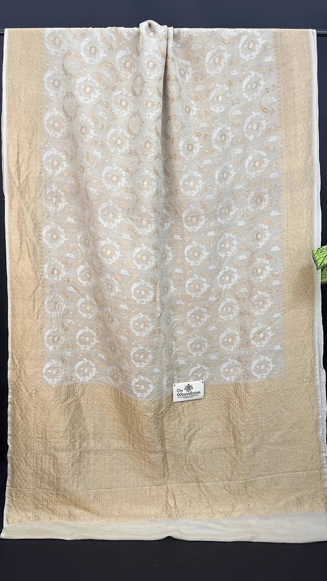 Ivory Tussar Georgette Pure Banarasi Saree with Gold Zari Floral Meenakari by The Weaveloom