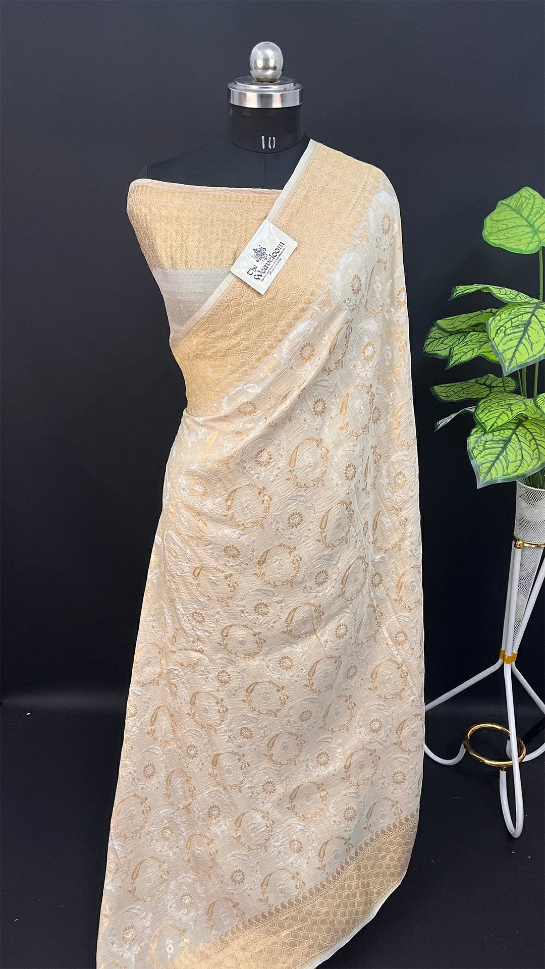 Ivory Tussar Georgette Pure Banarasi Saree with Gold Zari Floral Meenakari by The Weaveloom