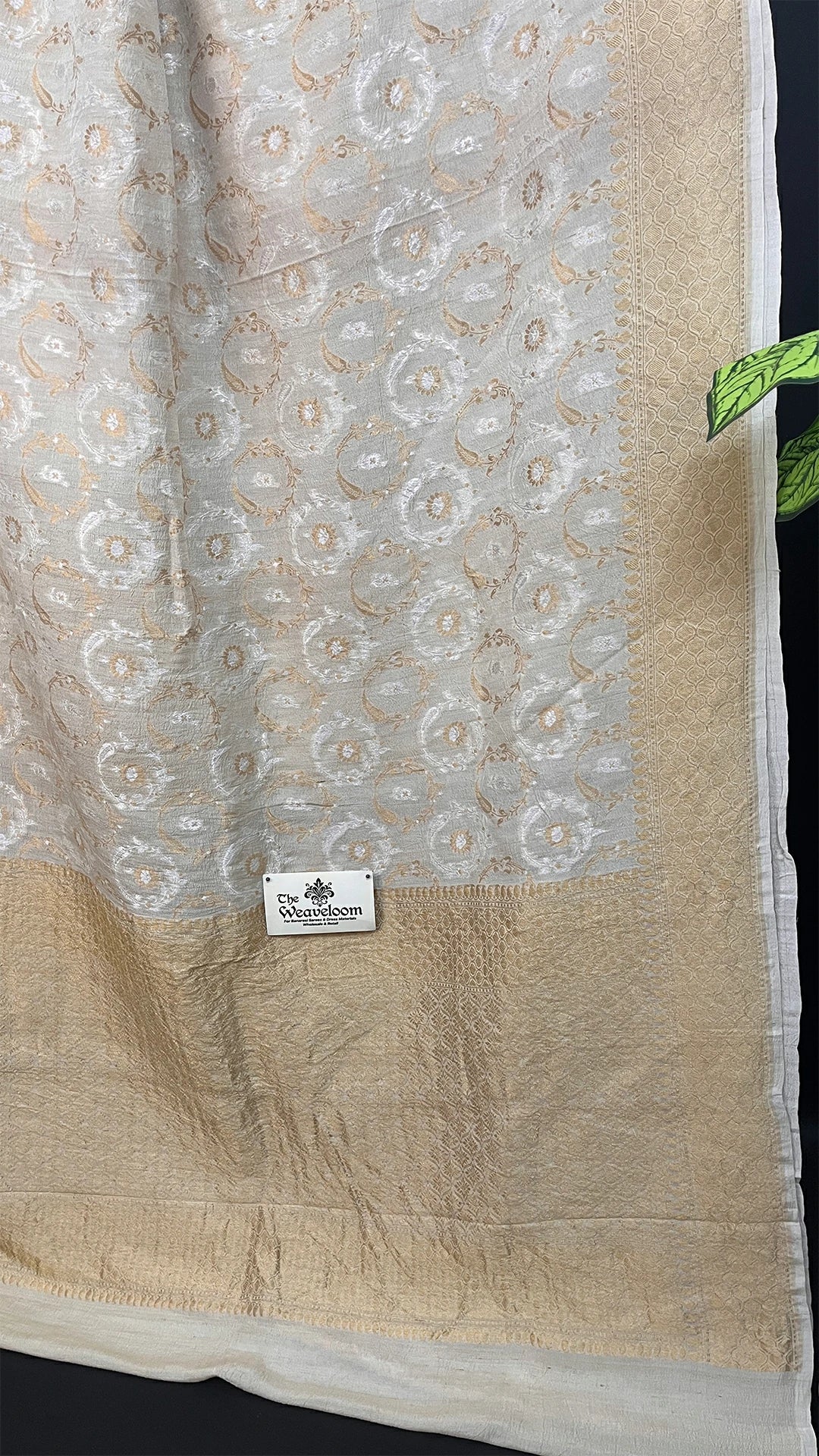Ivory Tussar Georgette Pure Banarasi Saree with Gold Zari Floral Meenakari by The Weaveloom