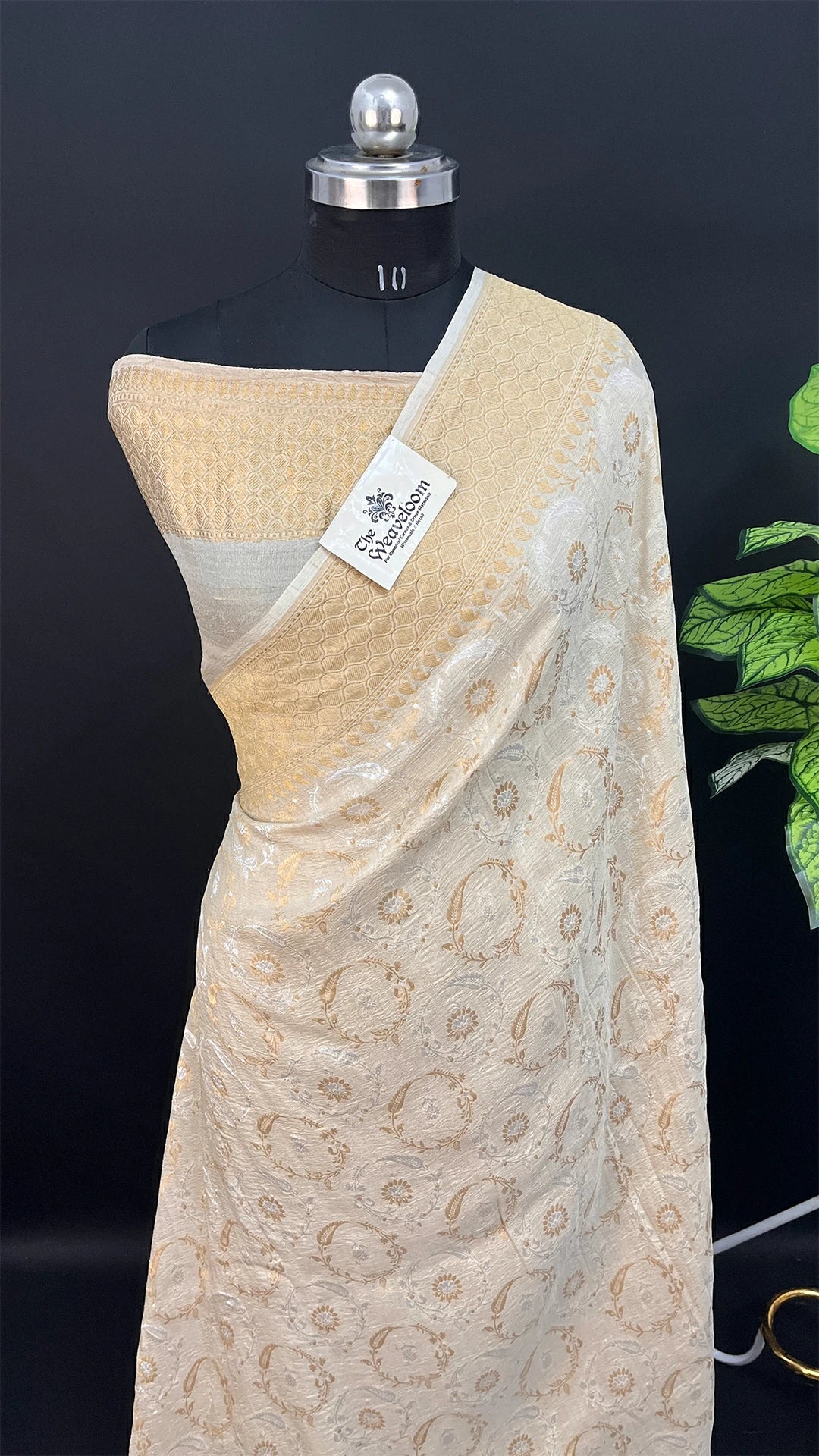 Ivory Tussar Georgette Pure Banarasi Saree with Gold Zari Floral Meenakari by The Weaveloom