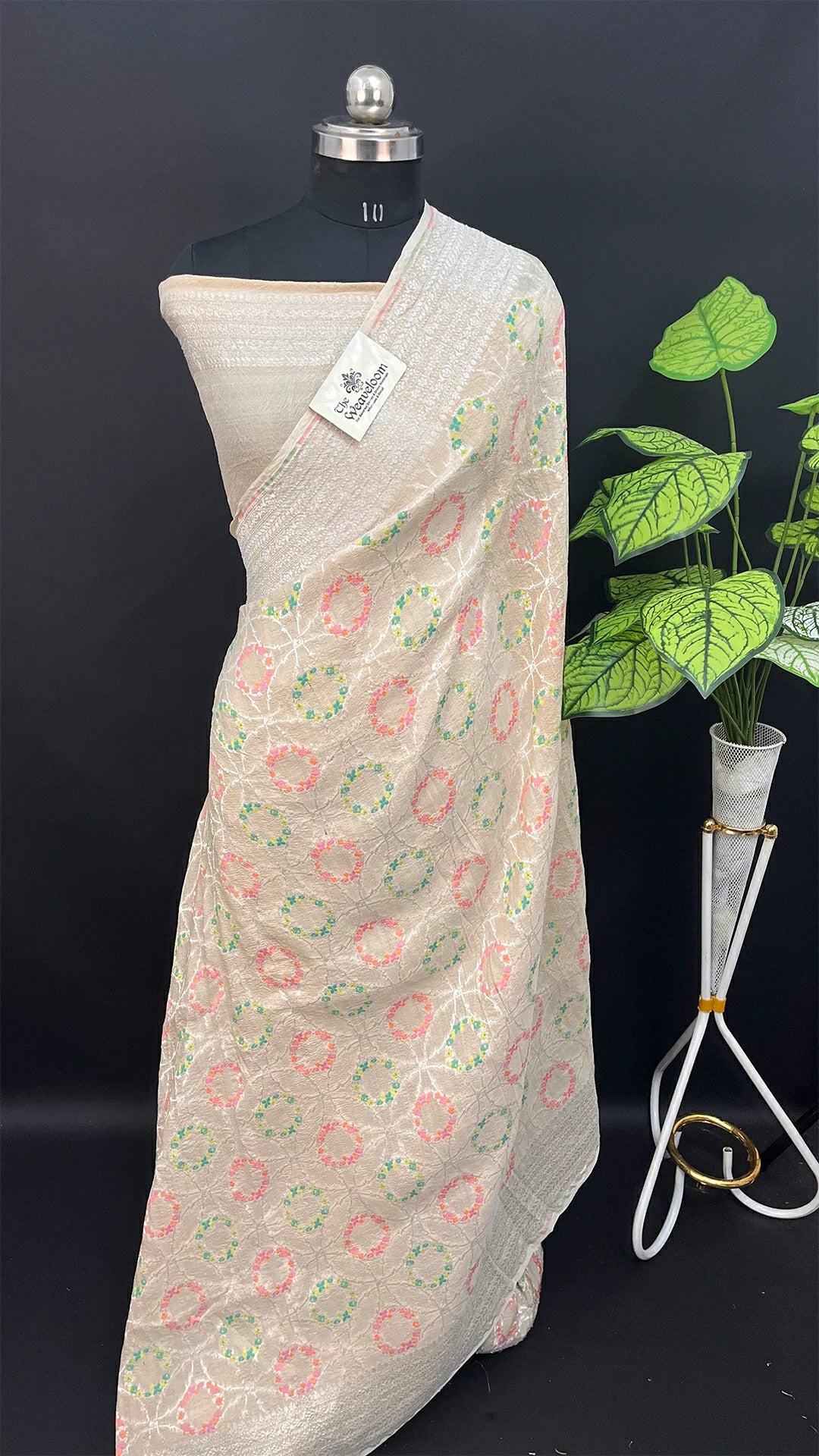 Ivory Tussar Georgette Pure Banarasi Saree with Multicolor Meenakari Circular Motifs by The Weaveloom