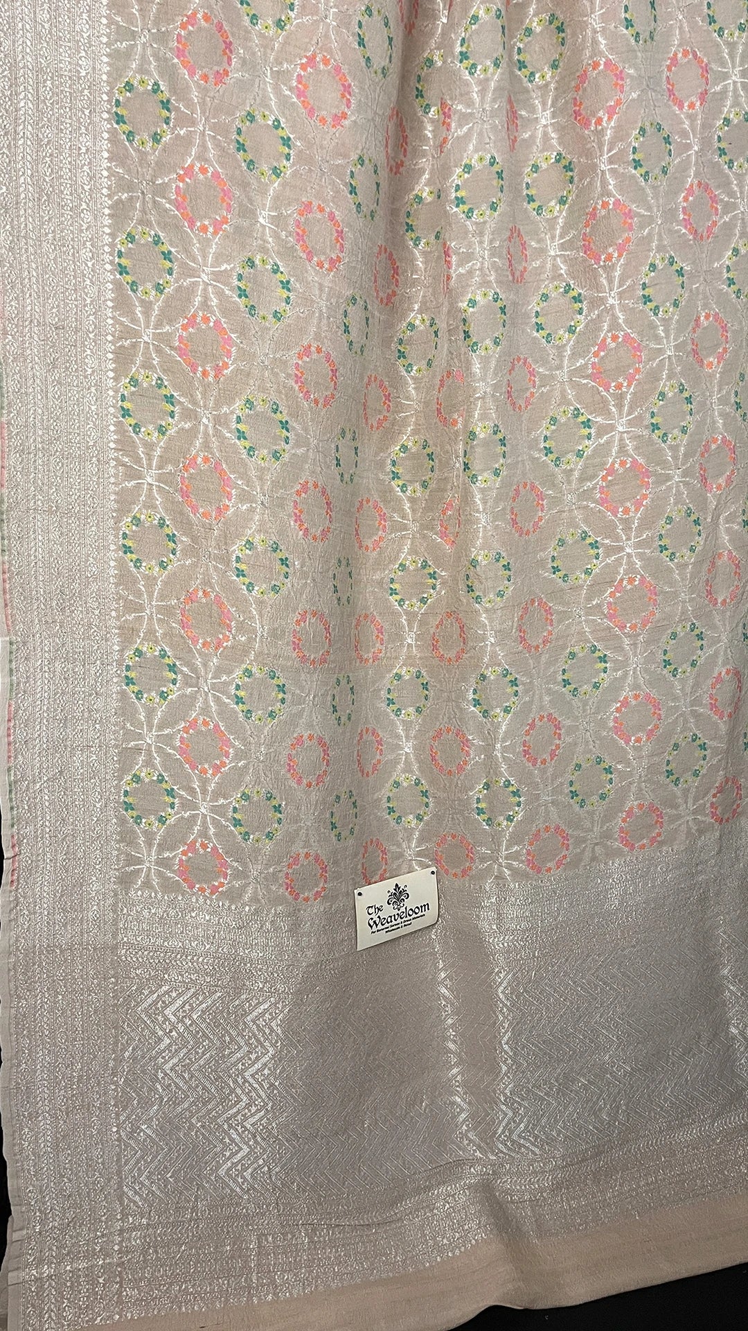 Ivory Tussar Georgette Pure Banarasi Saree with Multicolor Meenakari Circular Motifs by The Weaveloom