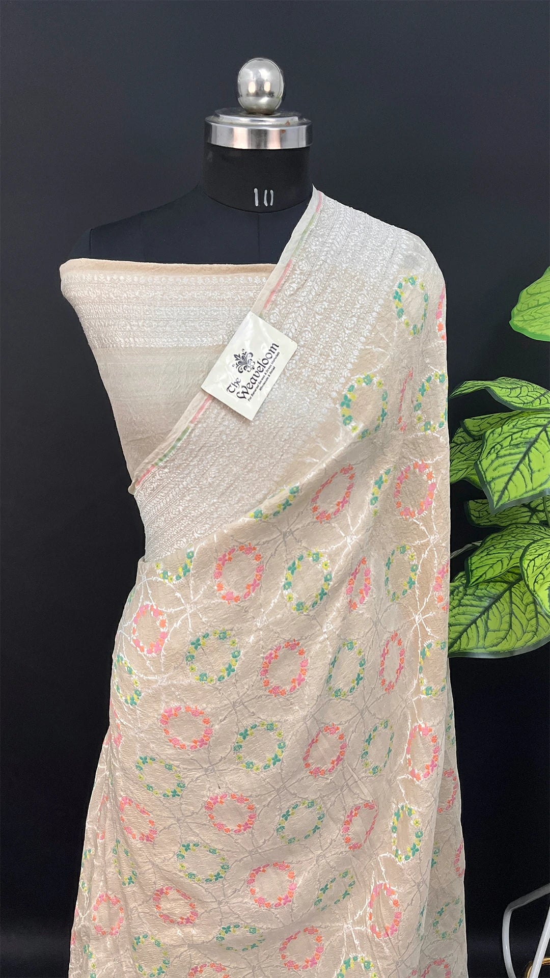Ivory Tussar Georgette Pure Banarasi Saree with Multicolor Meenakari Circular Motifs by The Weaveloom