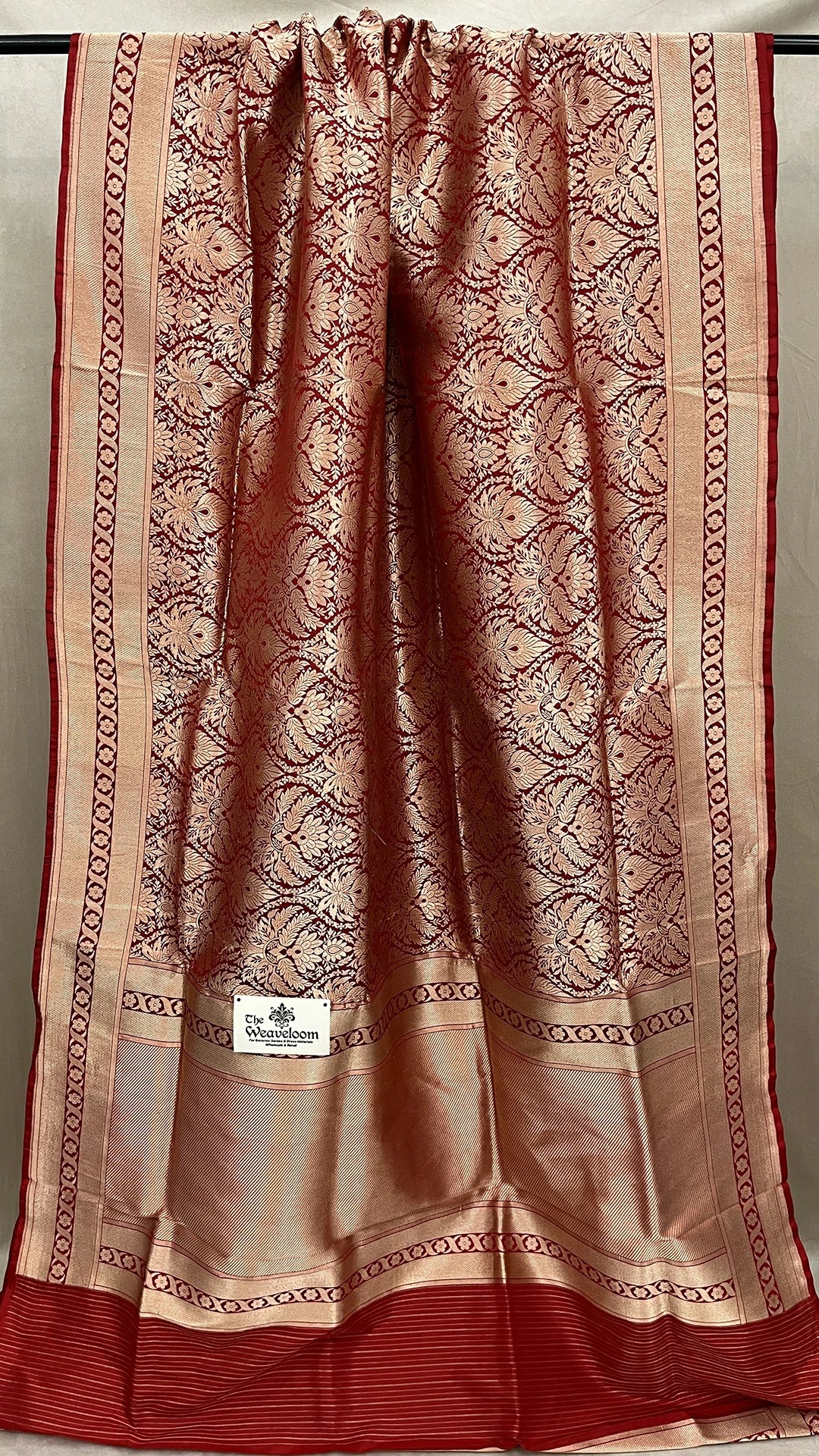 Janhvi Kapoor Inspired Red Pure Katan Silk Banarasi Saree by The Weaveloom with gold zari floral motifs, pallu and blouse piece