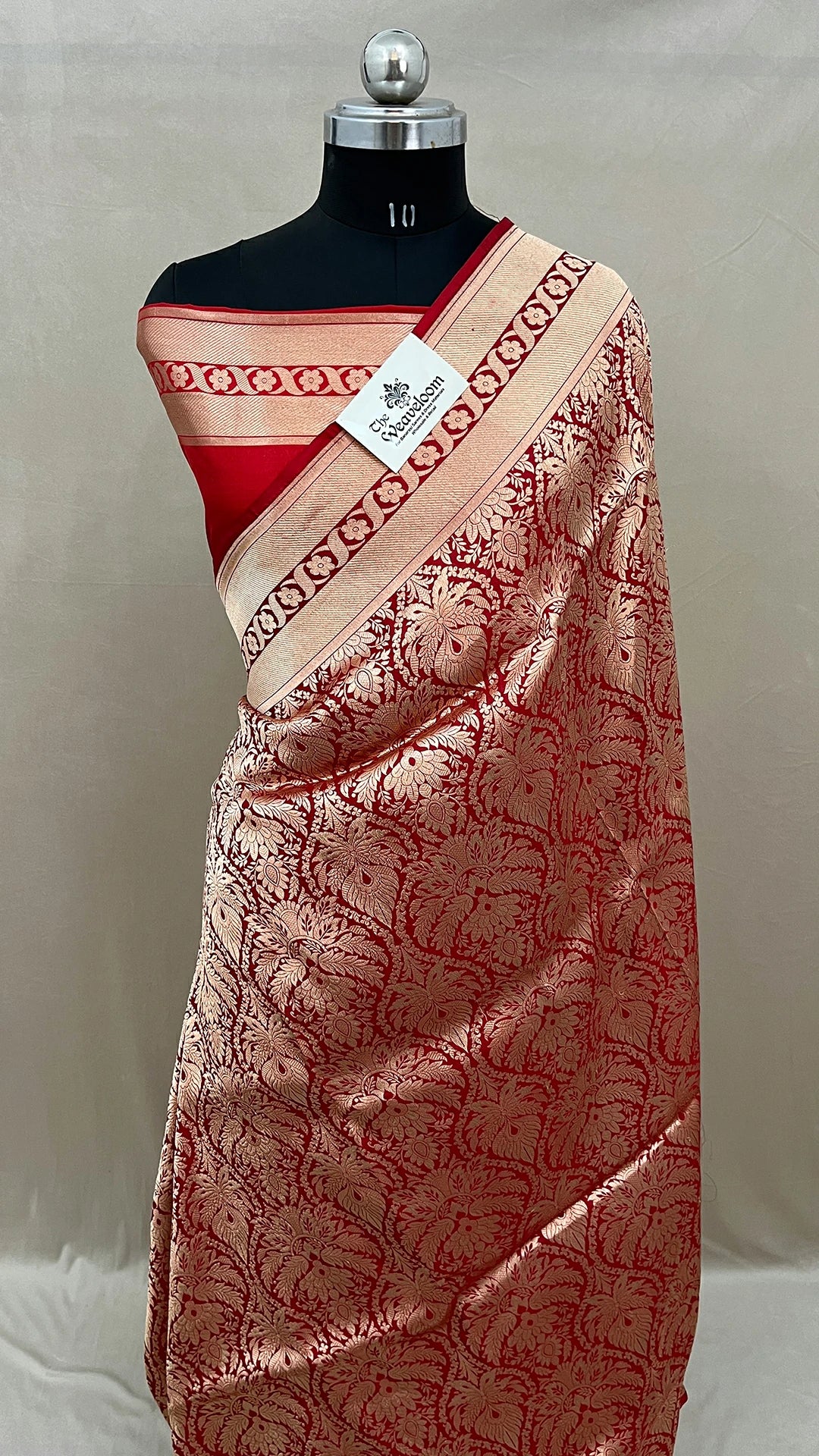 Janhvi Kapoor Inspired Red Pure Katan Silk Banarasi Saree by The Weaveloom with gold zari floral motifs, pallu and blouse piece