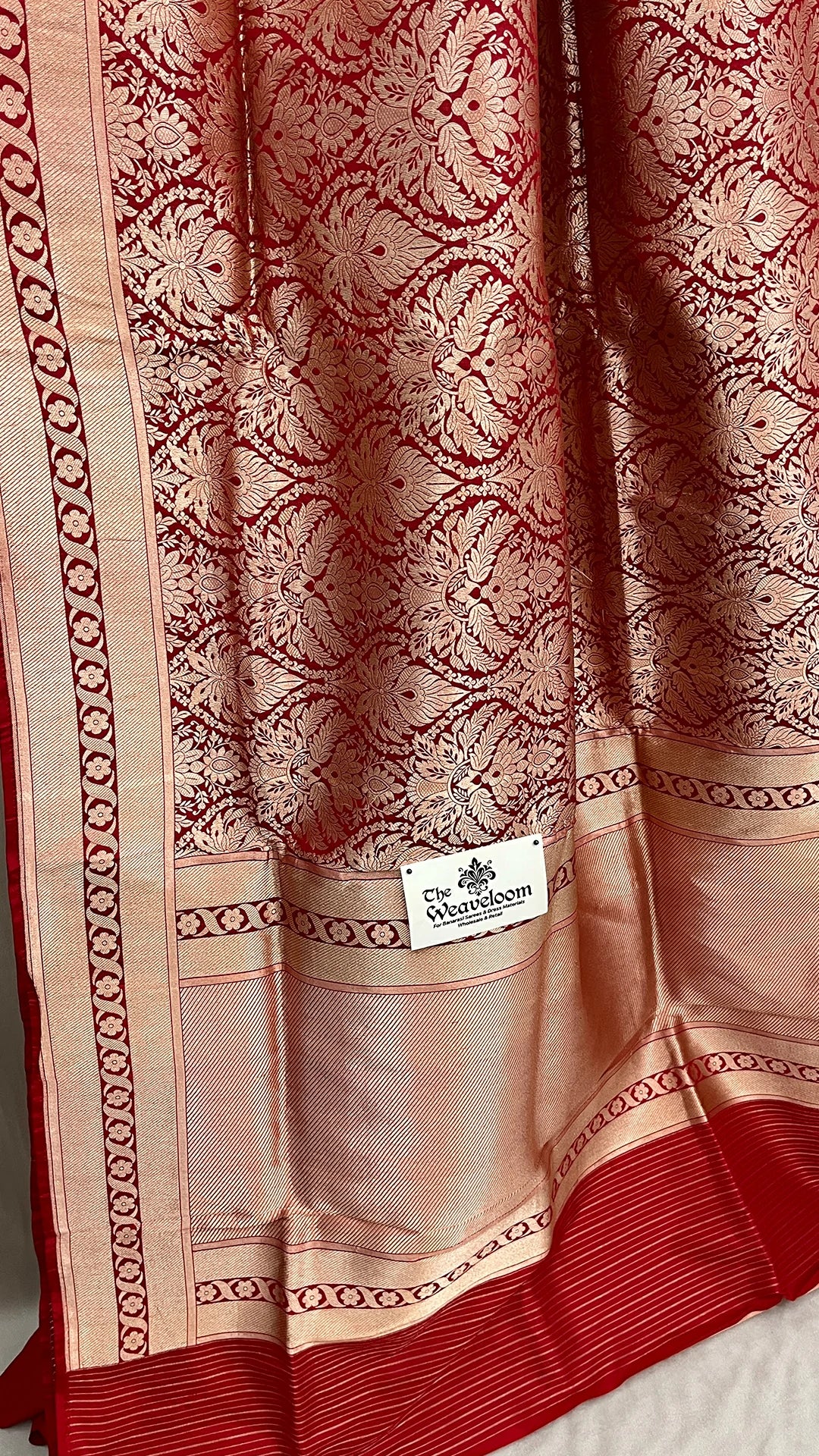 Janhvi Kapoor Inspired Red Pure Katan Silk Banarasi Saree by The Weaveloom with gold zari floral motifs, pallu and blouse piece