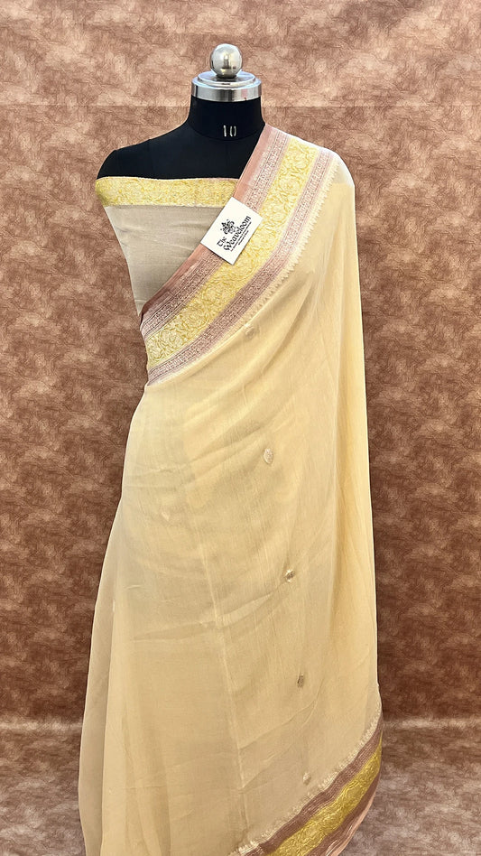 Khaddi Georgette Kadwa Handwoven Pure Banarasi Saree Cream by The Weaveloom