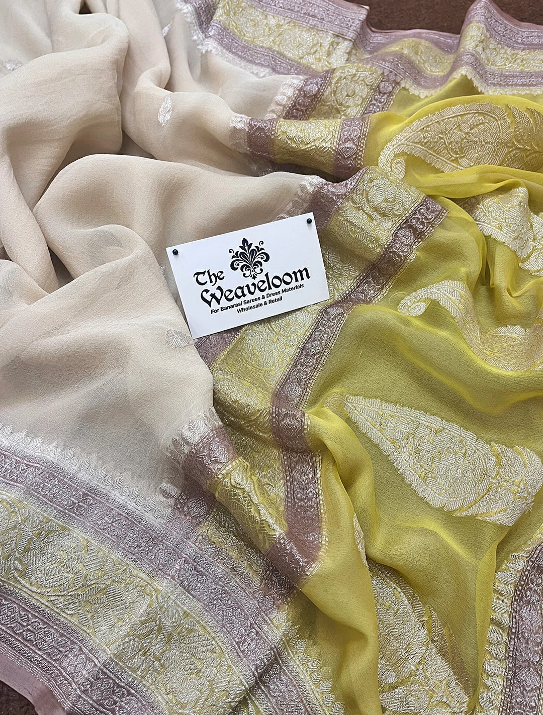 Khaddi Georgette Kadwa Handwoven Pure Banarasi Saree Cream by The Weaveloom