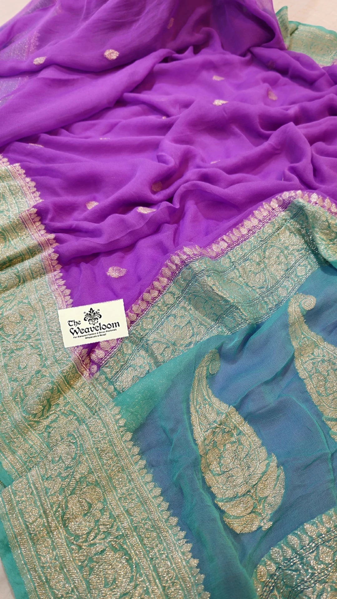 Lavender khaddi georgette Banarasi saree with silver zari booti teal border paisley pallu by The Weaveloom