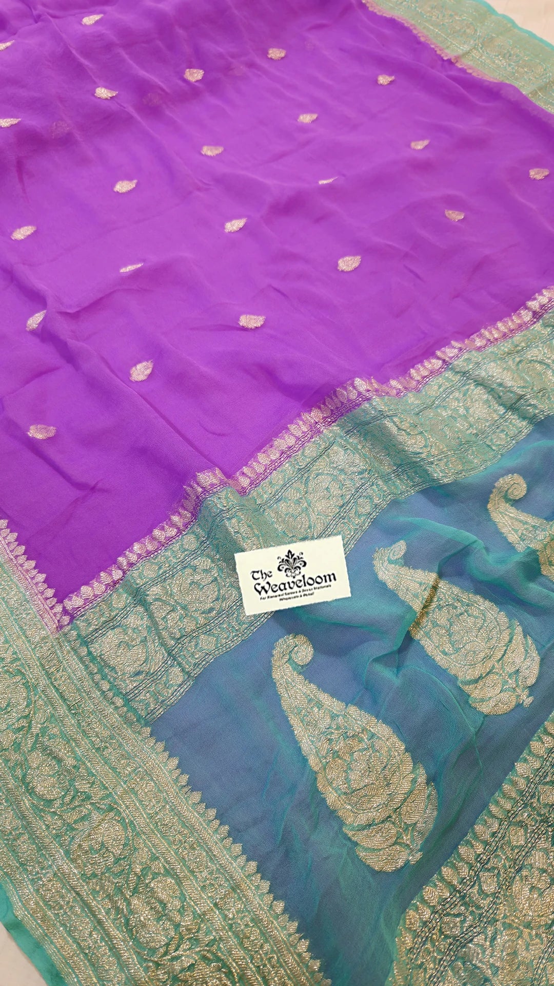 Lavender khaddi georgette Banarasi saree with silver zari booti teal border paisley pallu by The Weaveloom