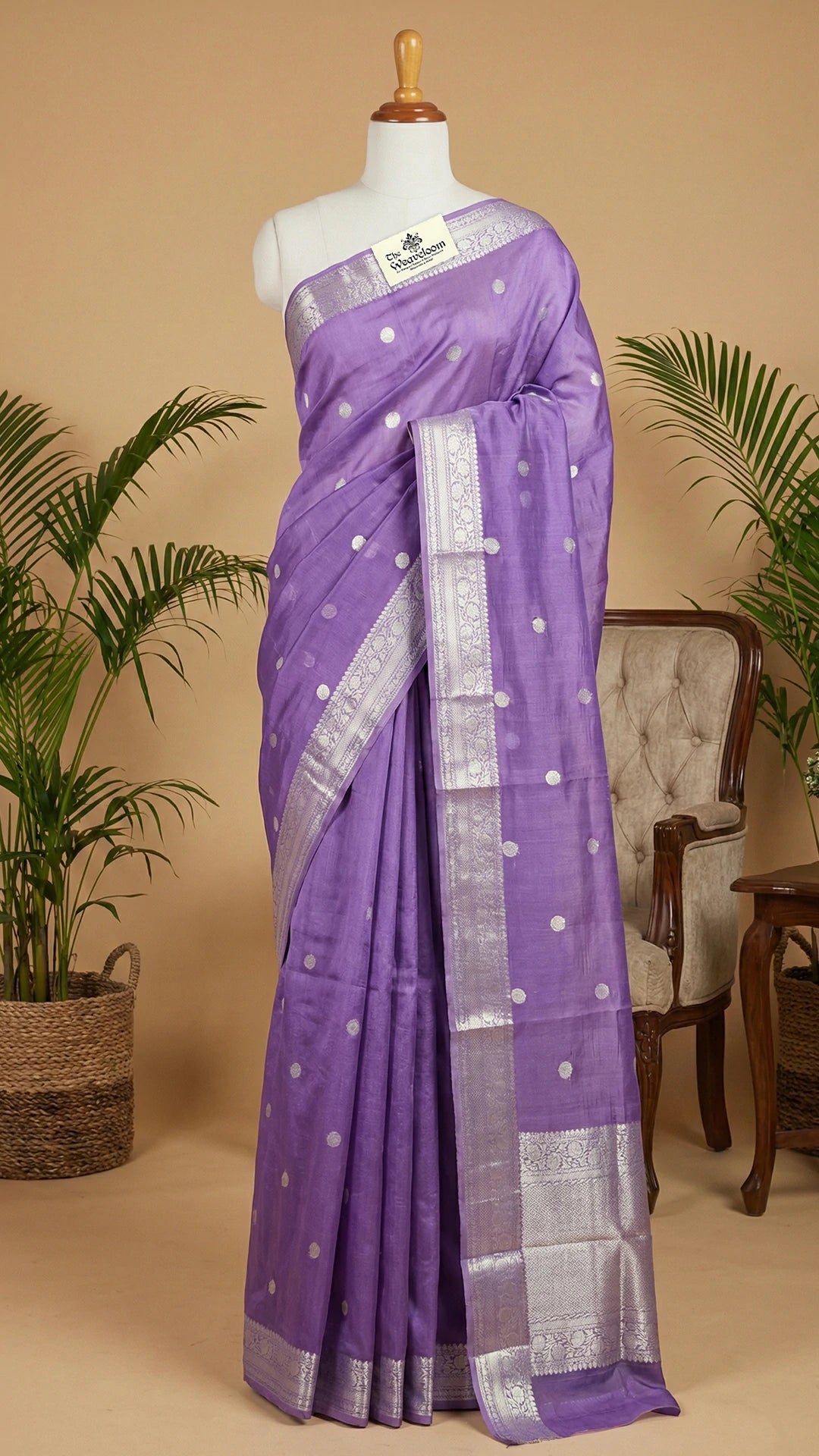 Lavender Kora Silk Banarasi Saree with Silver Zari Polka Motifs and Striped Blouse by The Weaveloom