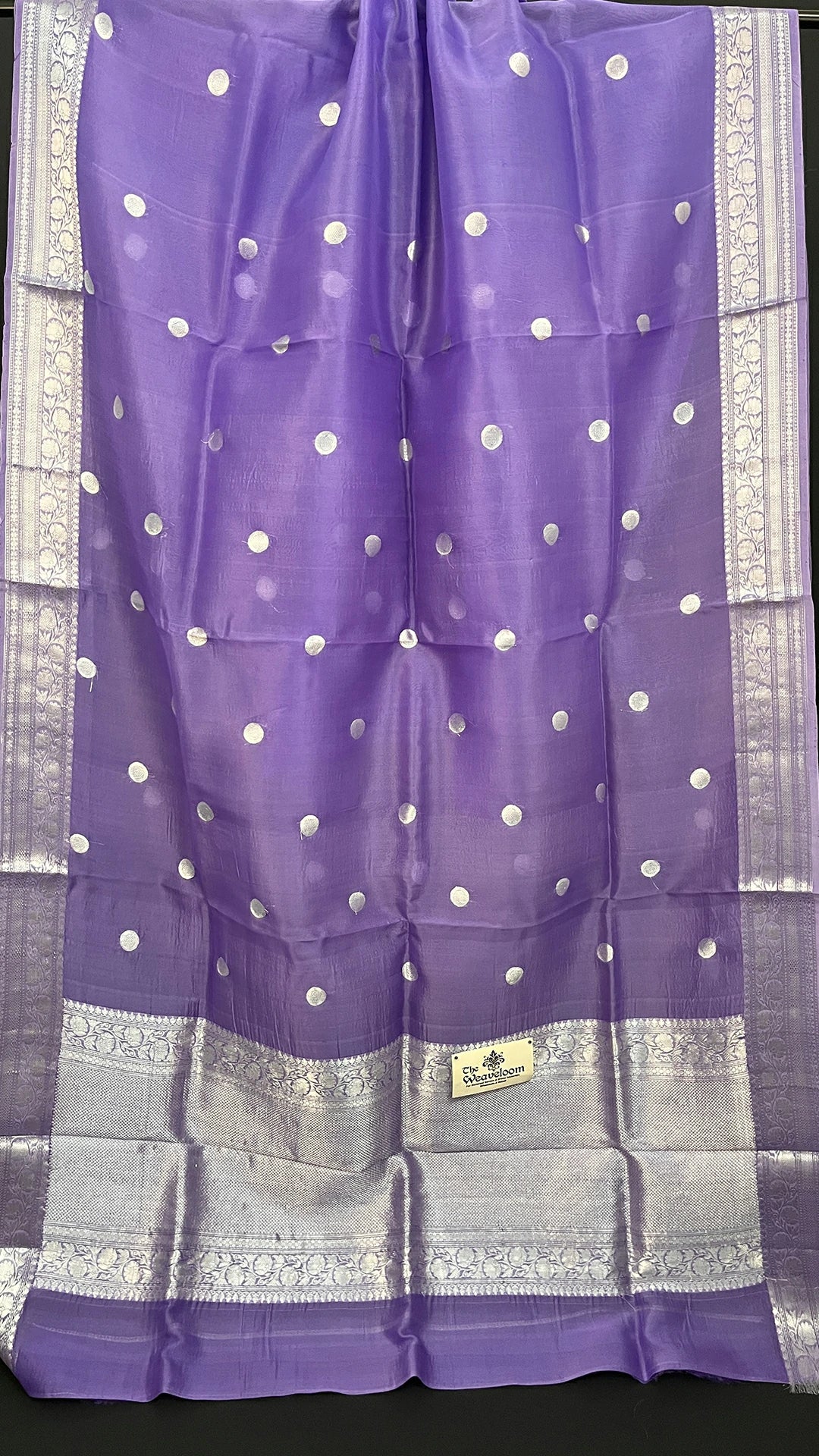 Lavender Kora Silk Banarasi Saree with Silver Zari Polka Motifs and Striped Blouse by The Weaveloom