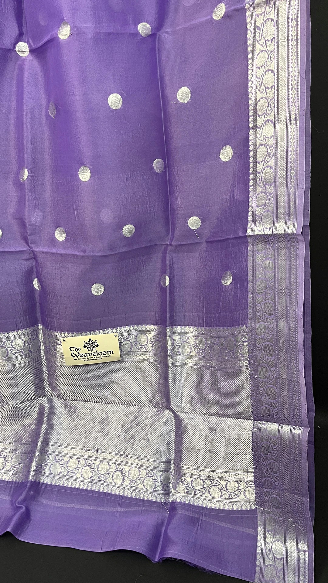 Lavender Kora Silk Banarasi Saree with Silver Zari Polka Motifs and Striped Blouse by The Weaveloom