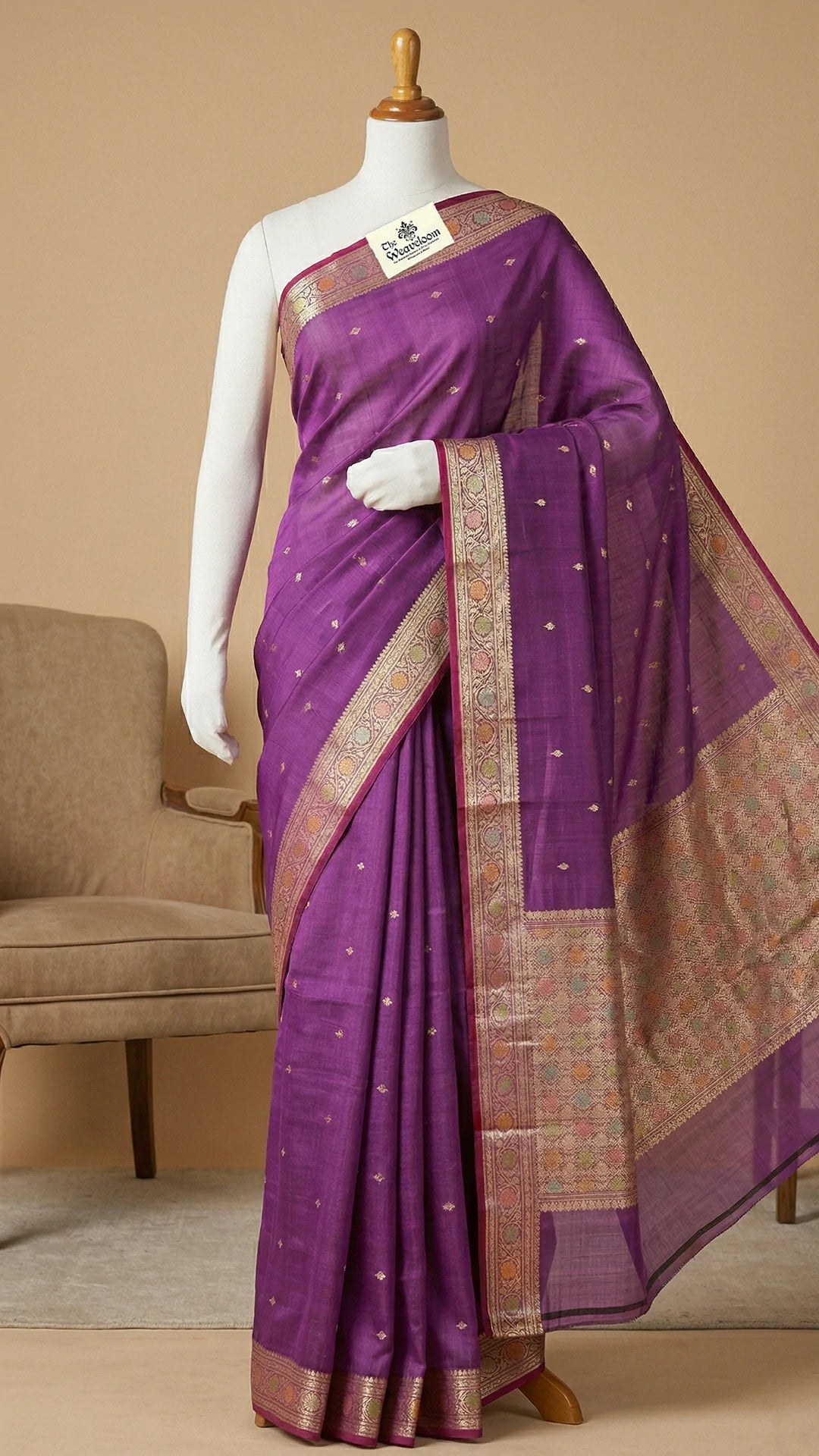 Lavender Kora Silk Banarasi Saree With Golden Zari Buti Multicolor Border The Weaveloom