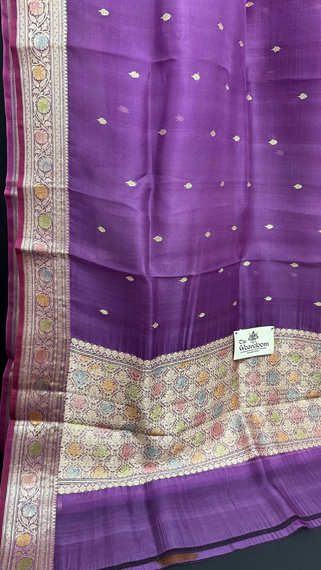 Lavender Kora Silk Banarasi Saree With Golden Zari Buti Multicolor Border The Weaveloom