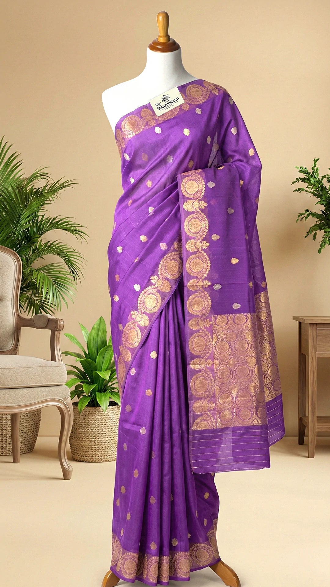 Lavender Kora Silk Pure Handloom Banarasi Saree with Golden Zari Border and Sona Rupa Buti by The Weaveloom