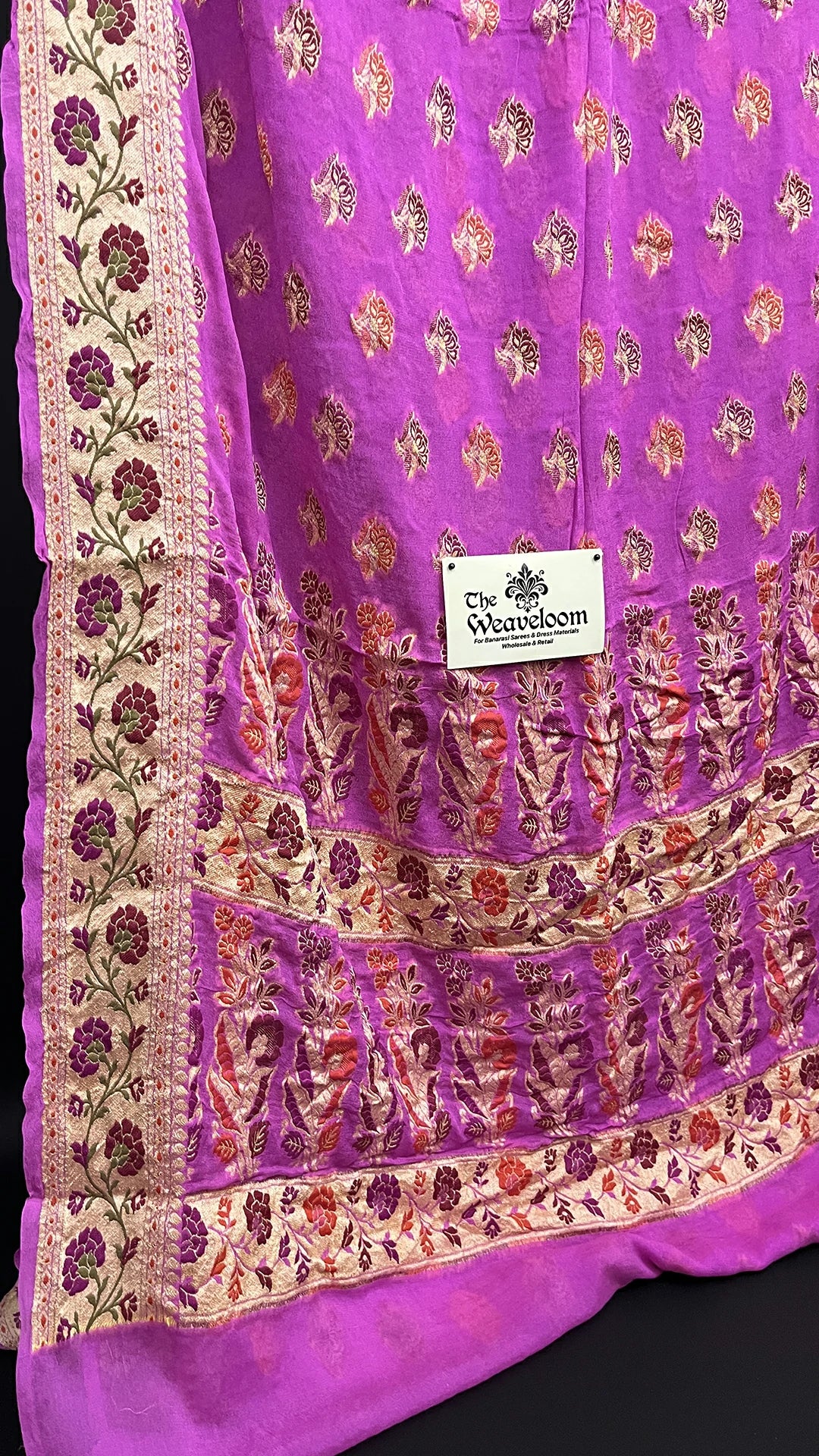 Lavender Meenakari Buti Pure Crepe Georgette Banarasi Saree with Floral Zari Border The Weaveloom