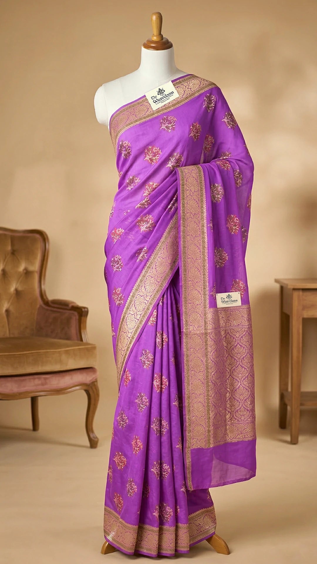 Lavender Meenakari Floral Crepe Georgette Pure Banarasi Saree with Golden Zari Border by The Weaveloom
