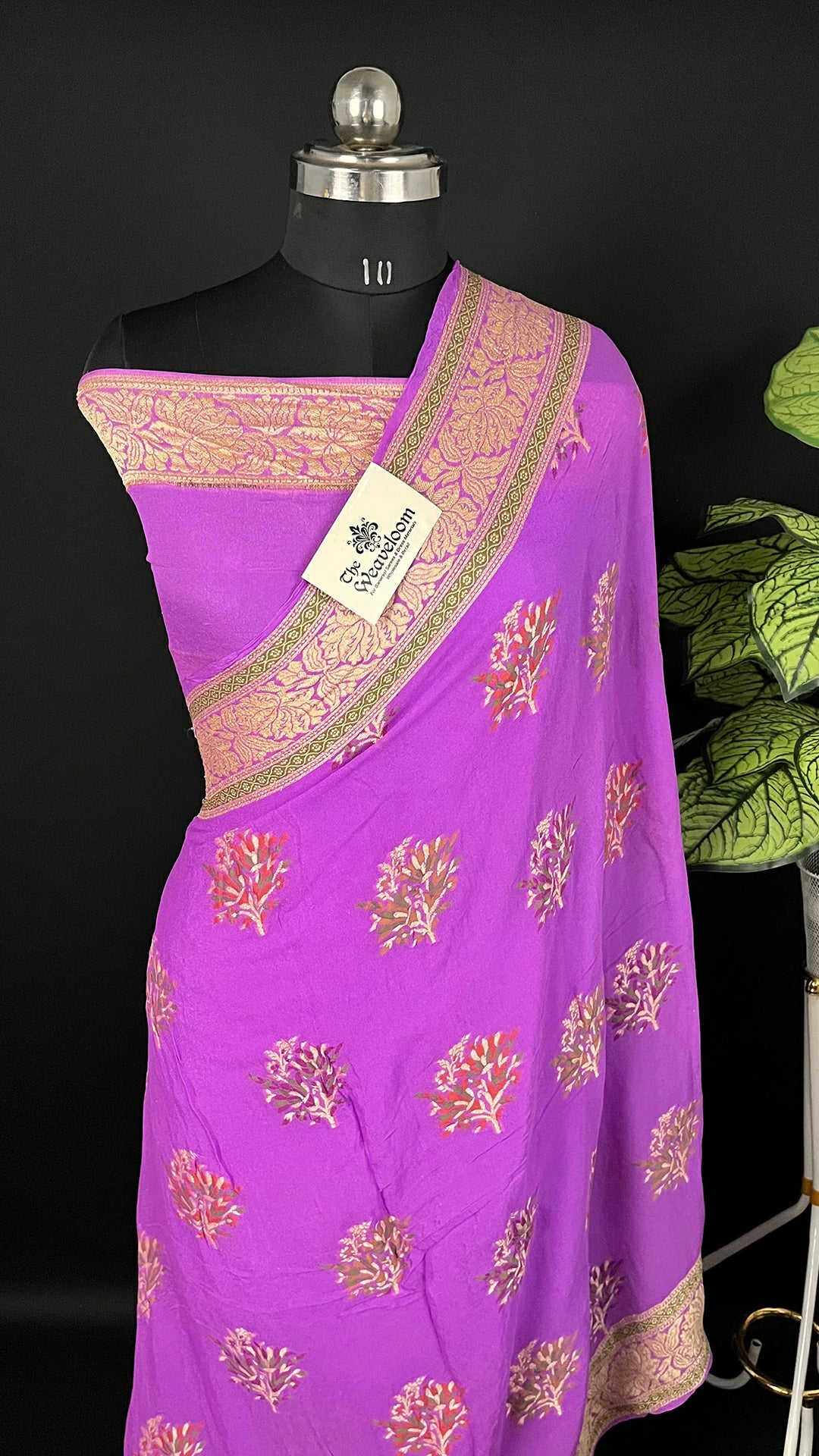 Lavender Meenakari Floral Crepe Georgette Pure Banarasi Saree with Golden Zari Border by The Weaveloom