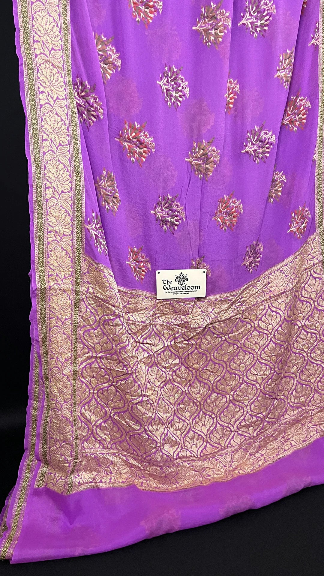 Lavender Meenakari Floral Crepe Georgette Pure Banarasi Saree with Golden Zari Border by The Weaveloom