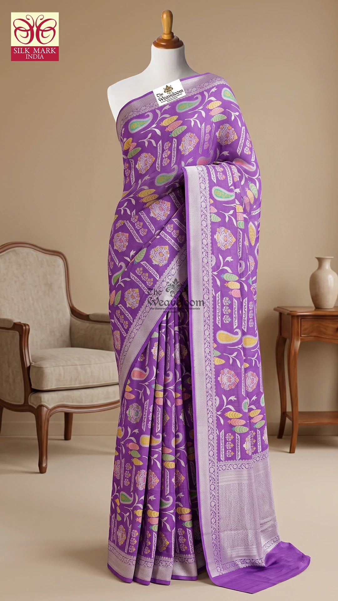 Lavender Meenakari Paisley Pure Tussar Georgette Banarasi Saree by The Weaveloom