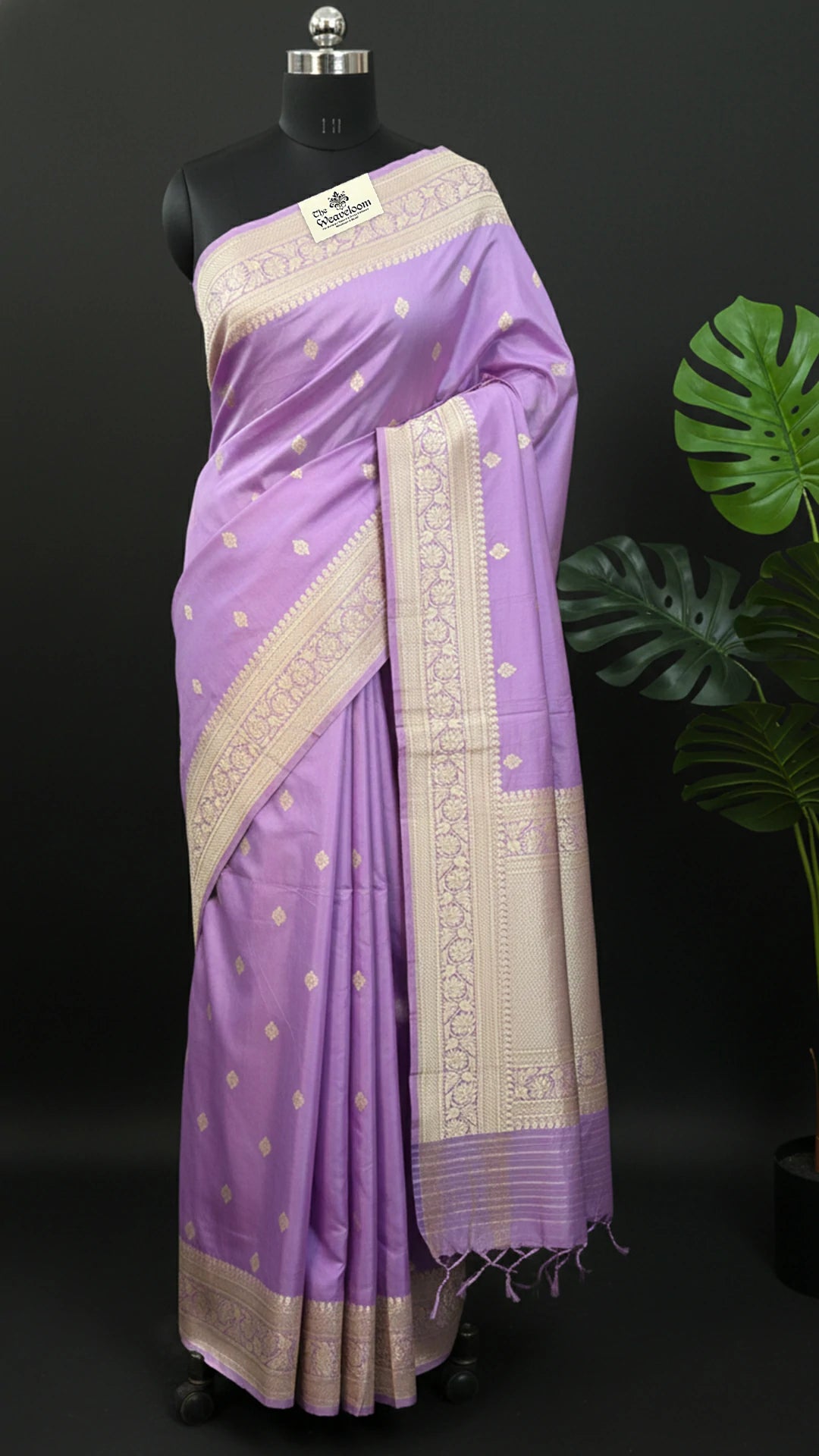Lavender Pure Katan Silk Handwoven Banarasi Saree with Gold Zari Buti by The Weaveloom