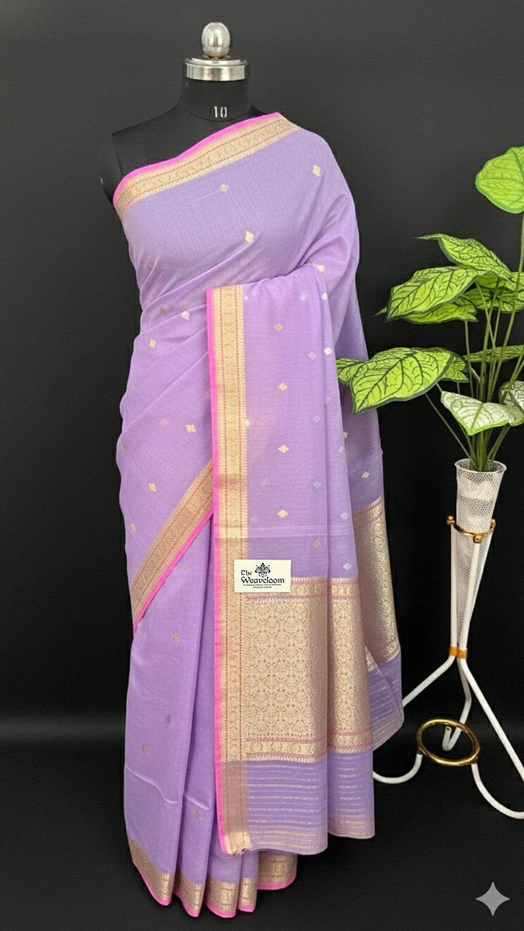 Lavender Pure Kora Cotton Handwoven Banarasi Saree with Zari Buti and Rich Border by The Weaveloom