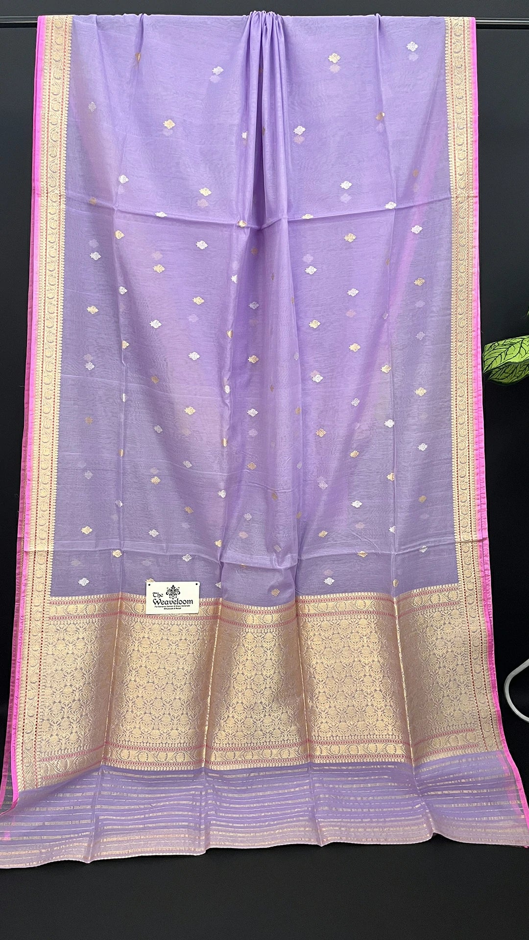 Lavender Pure Kora Cotton Handwoven Banarasi Saree with Zari Buti and Rich Border by The Weaveloom
