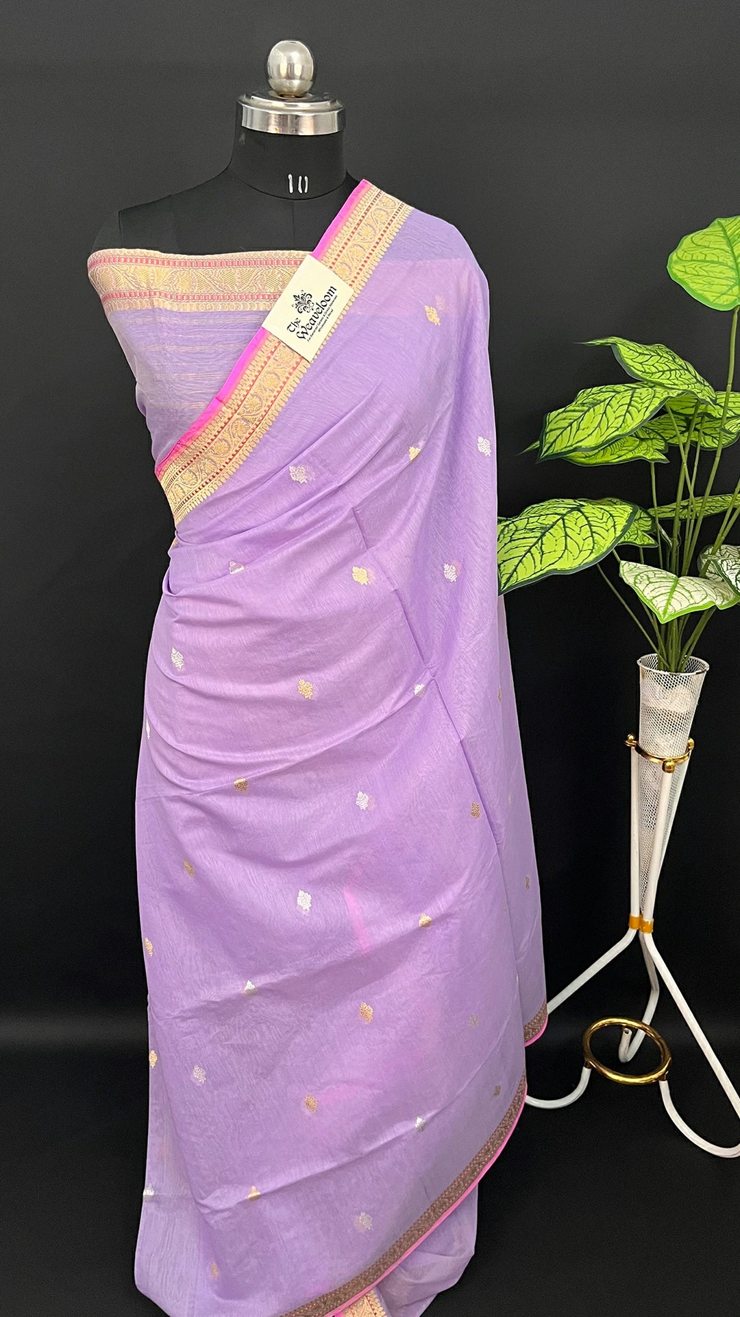 Lavender Pure Kora Cotton Handwoven Banarasi Saree with Zari Buti and Rich Border by The Weaveloom
