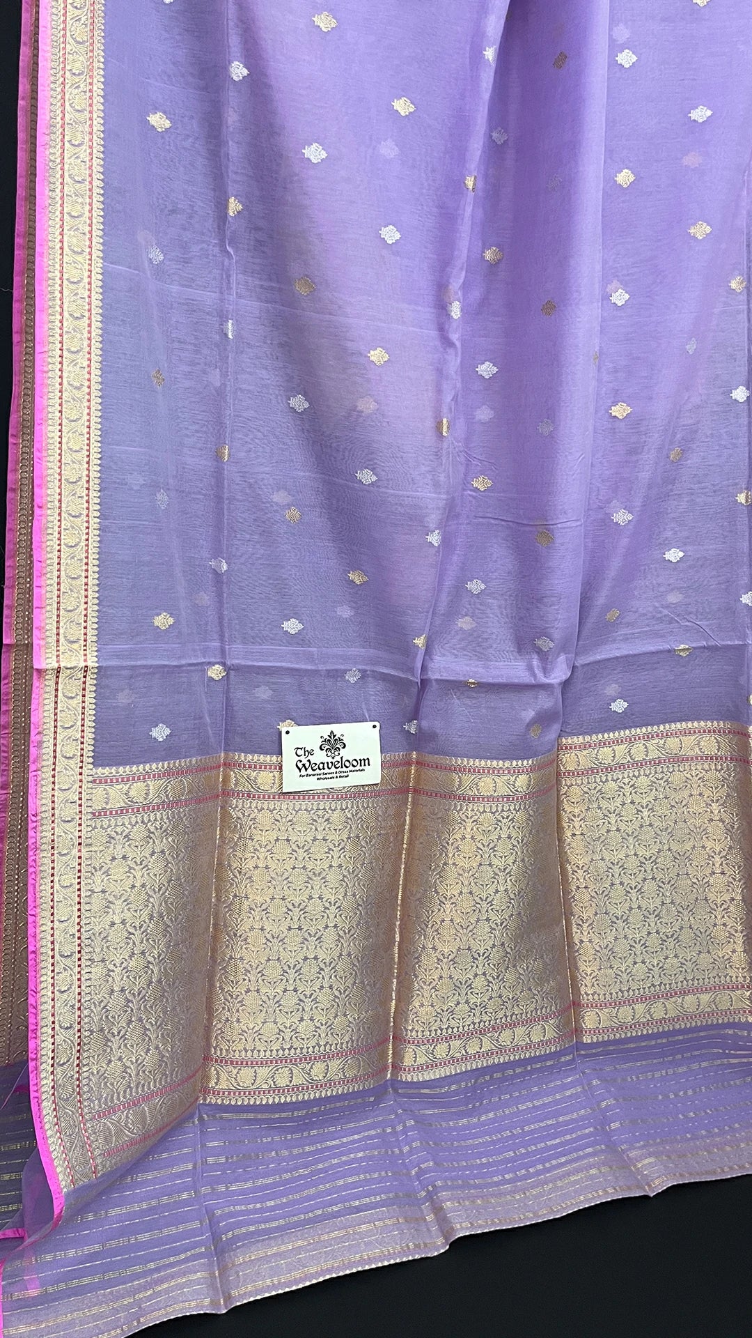 Lavender Pure Kora Cotton Handwoven Banarasi Saree with Zari Buti and Rich Border by The Weaveloom