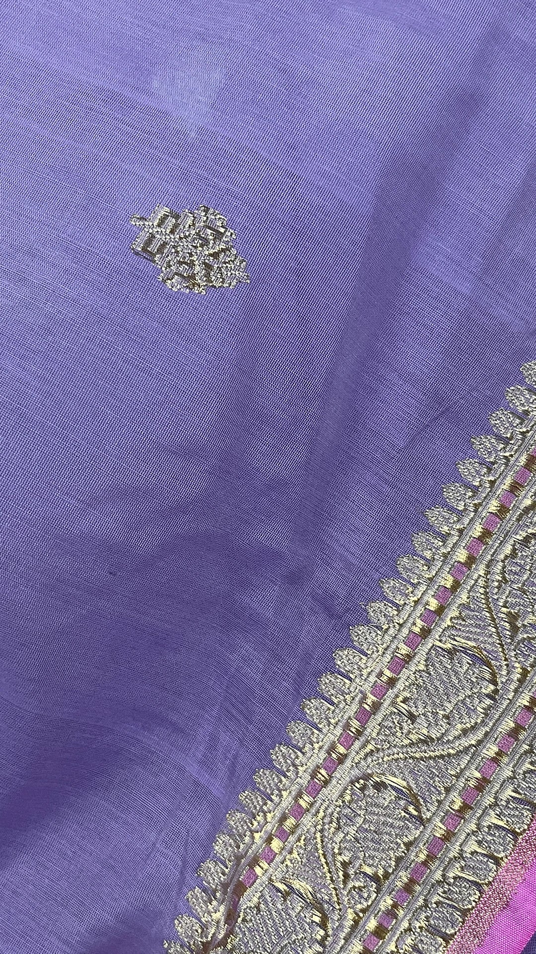 Lavender Pure Kora Cotton Handwoven Banarasi Saree with Zari Buti and Rich Border by The Weaveloom
