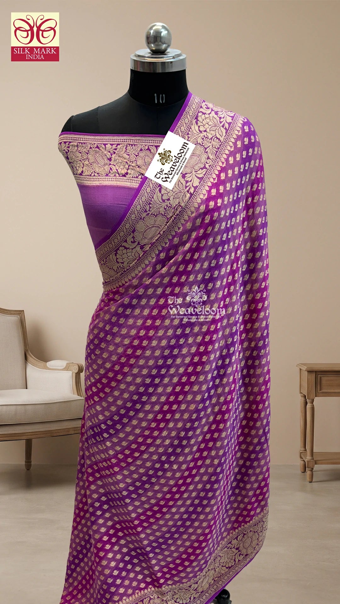 Lavender Rangkat Multicolor Buti Crepe Georgette Pure Banarasi Saree by The Weaveloom