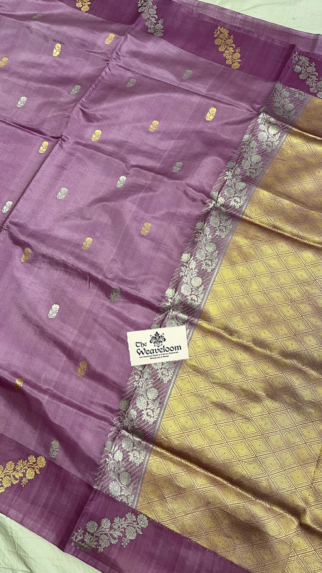 Lavender Raw Mango Silk Pure Handloom Banarasi Saree with Sona Rupa Zari Border and Golden Pallu by The Weaveloom
